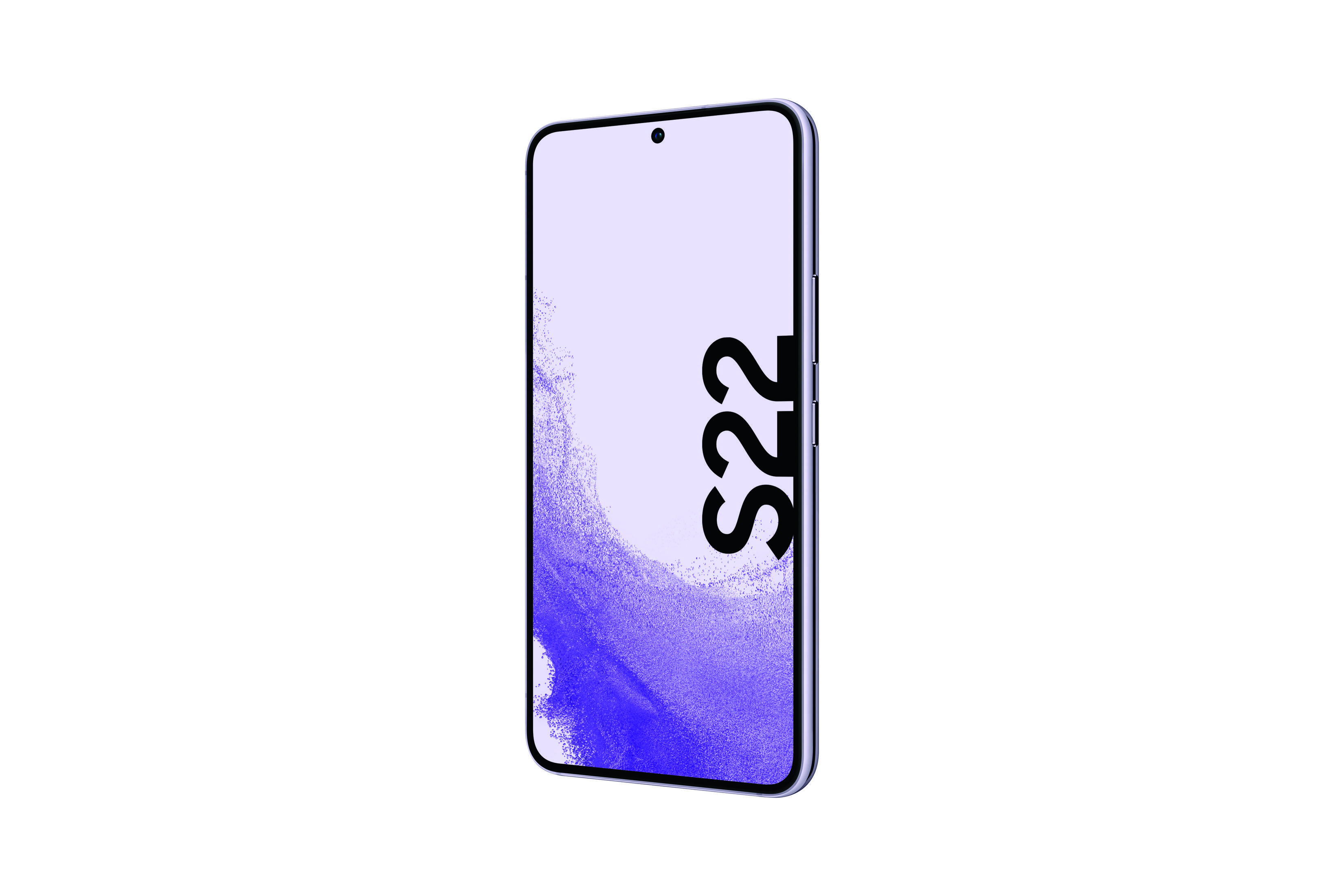 A smartphone with the text 'S22' on the screen. The phone is black and has a purple gradient.
