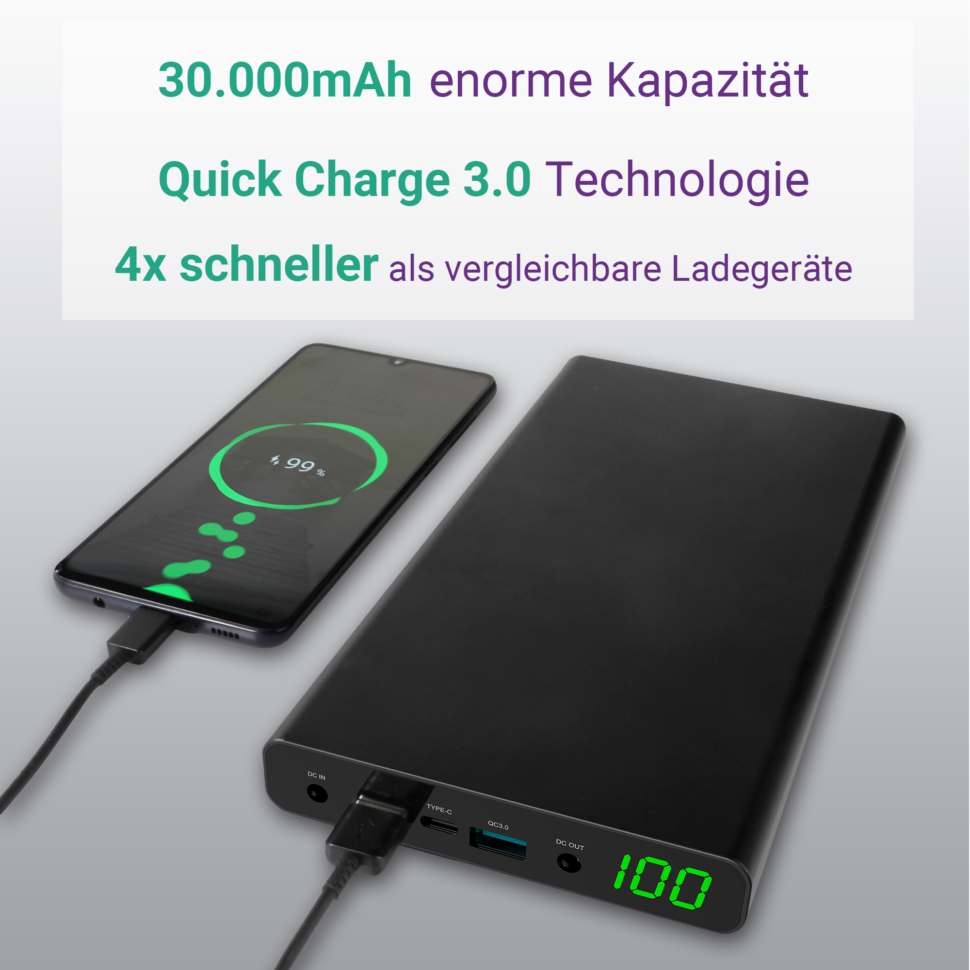 XORO XORO MPB 3000 Mobile Ionen 2.0/3.0 Powerbank 30.000 mAh Lithium Technologie USB TYP-C 3.7 Volt, 12/16/19V Anschluss Li-Ionen 30.000mAh Powerbank