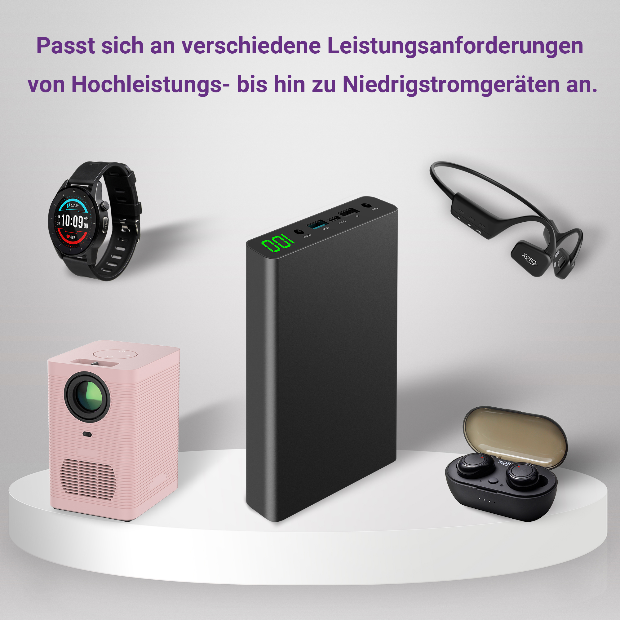Verschiedene Tech-Gadgets: Smartwatch, Powerbank, Ohrhörer, Projektor und Knochenschallkopfhörer.