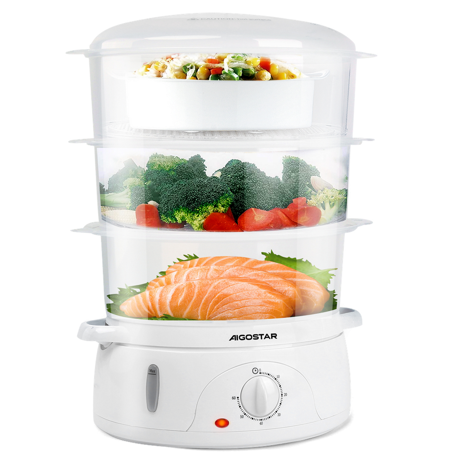 Weißer dreistöckiger Lebensmittel-Dampfgarer mit Gemüse und Lachs. Weißer Hintergrund.