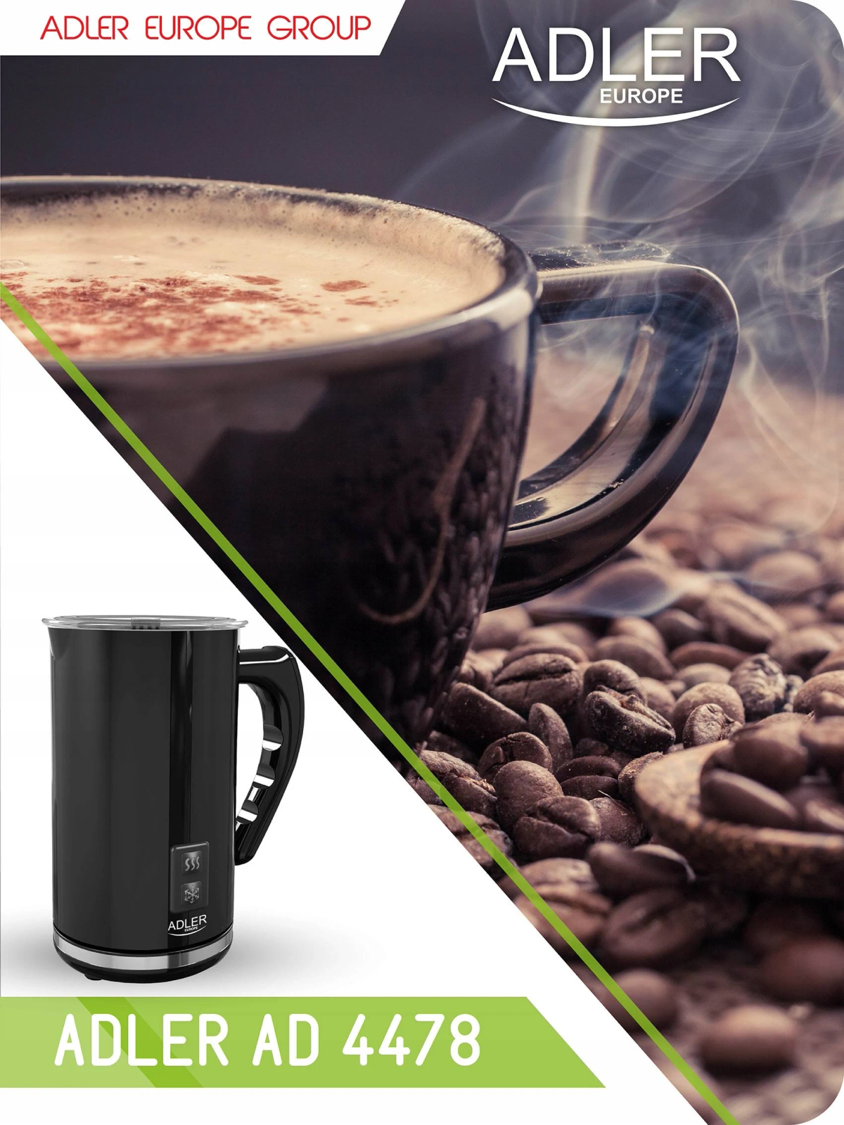 Filiżanka kawy z parą i ziarnami kawy. Po lewej stronie znajduje się czarny spieniacz do mleka.