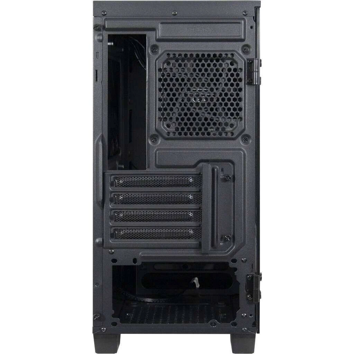 Rückansicht eines Computergehäuses mit einem Mesh-Panel, Lüfterhalterungen und Öffnungen für Komponenten.