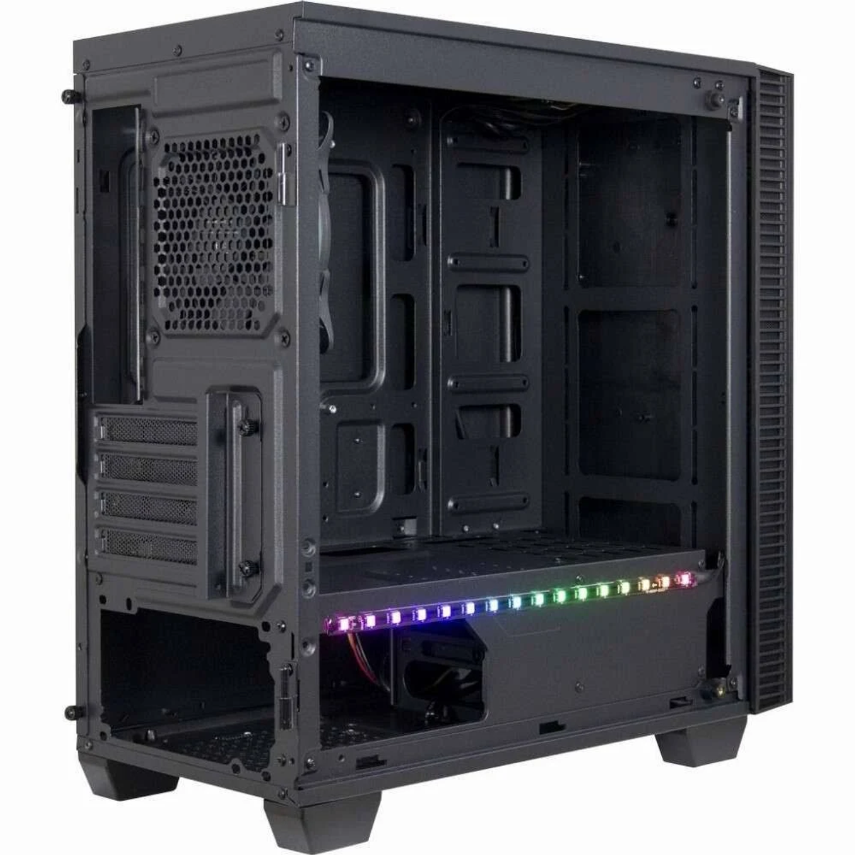 Schwarzes Computergehäuse, offen. Innen: zentrales schwarzes Fach, RGB-Lichter unten, und eine Gitterseite.