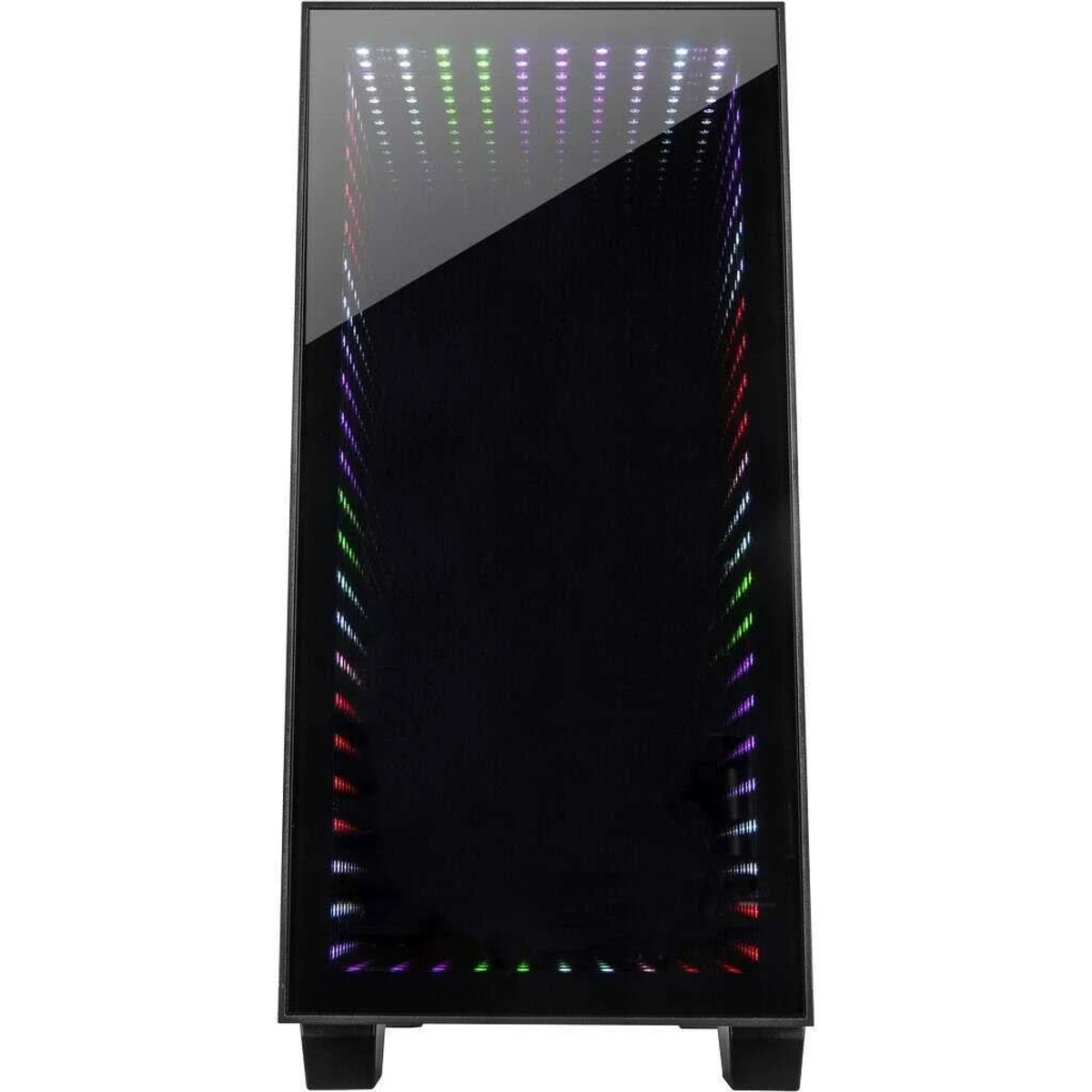 Computergehäuse mit verspiegelter Frontplatte. Die Platte reflektiert mehrfarbige Lichter und erzeugt einen Unendlichkeitseffekt.