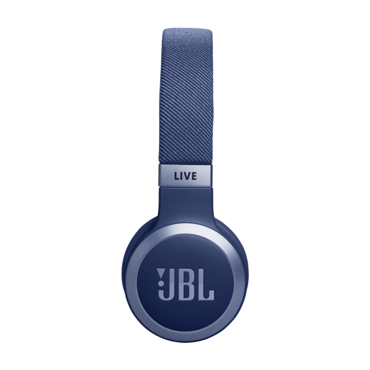 Niebieskie słuchawki JBL Live, z logo JBL, na czarnym tle.