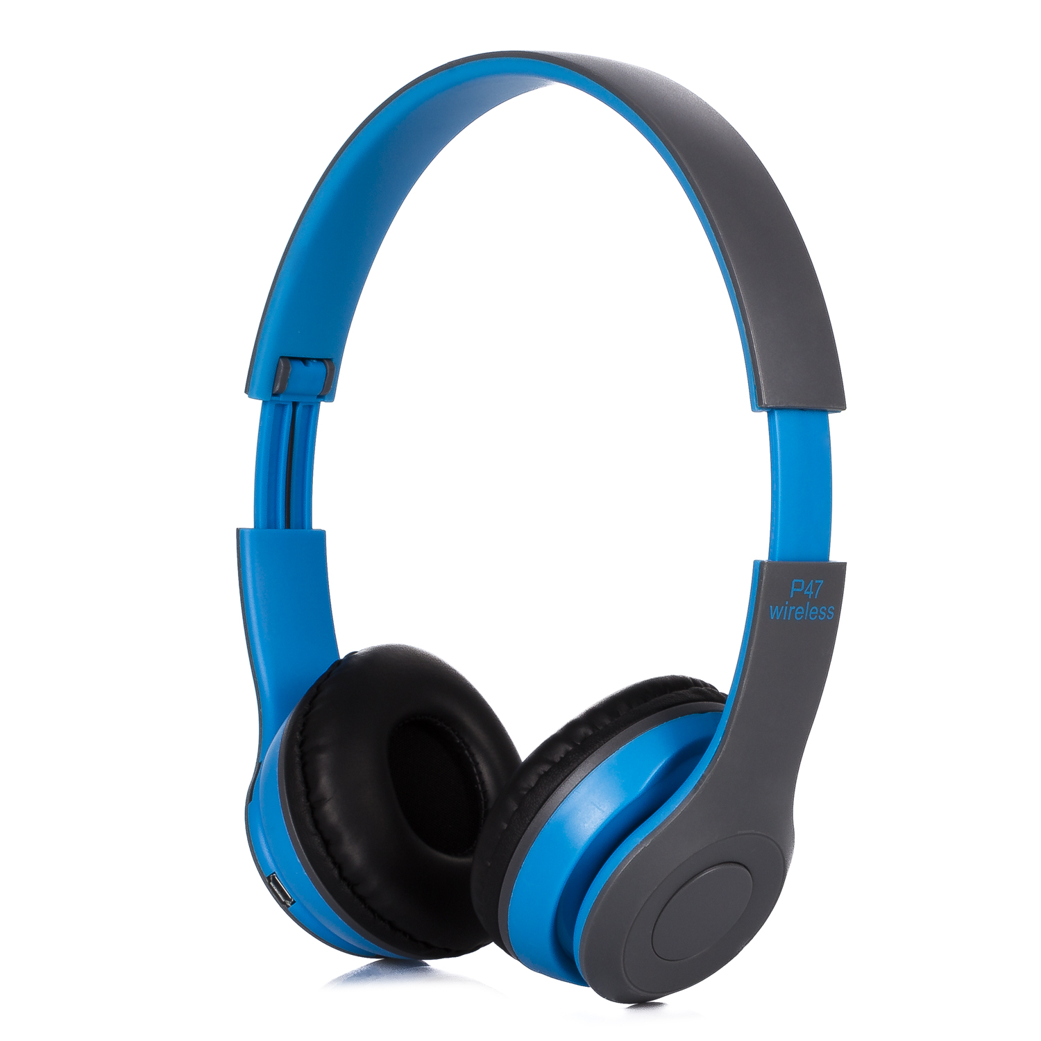 Cuffie wireless P47 blu e grigie, su sfondo bianco.