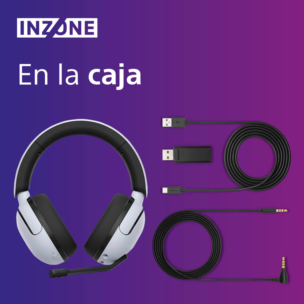 Scatola con cuffie e accessori. Il testo dice 'En la caja'.