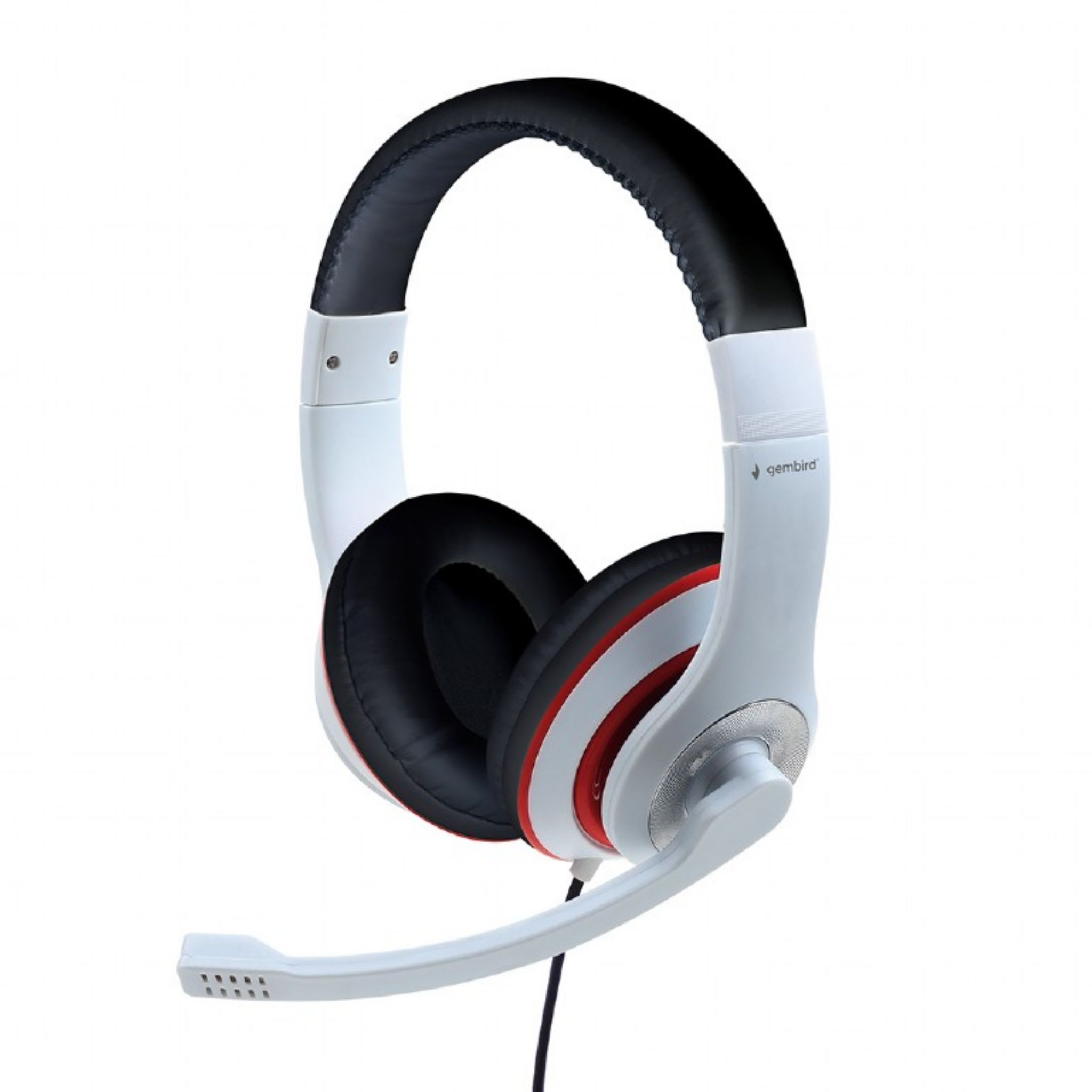 Cuffie da gioco bianche e rosse con microfono.