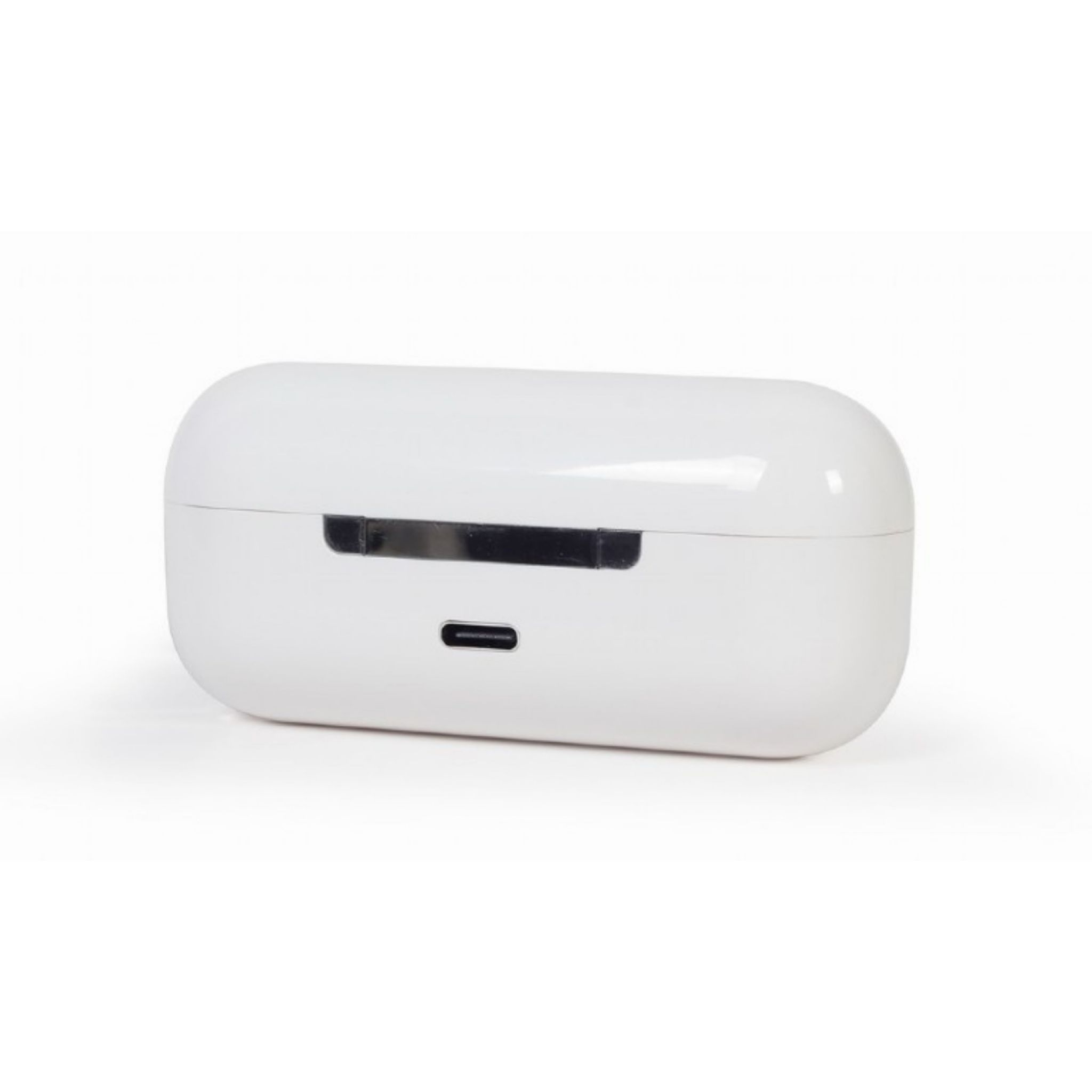 Białe etui na słuchawki, z małą czarną linią. Etui jest owalne i proste.