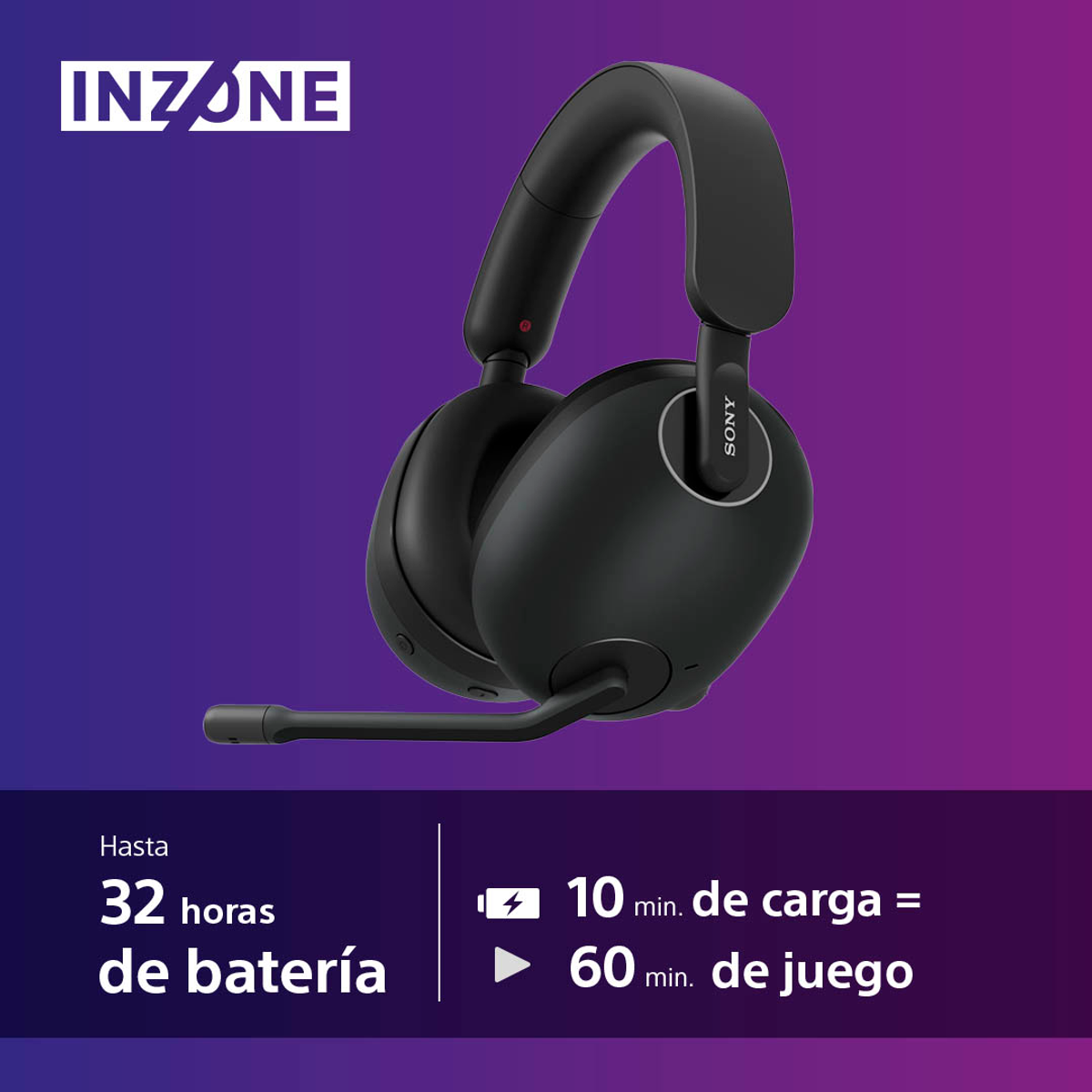 Schwarze Sony INZONE-Kopfhörer mit Mikrofon, auf violettem Hintergrund mit Text.