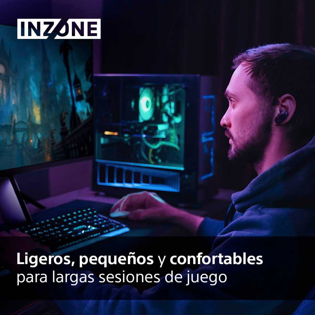 A person wearing earphones is playing a game on a computer.