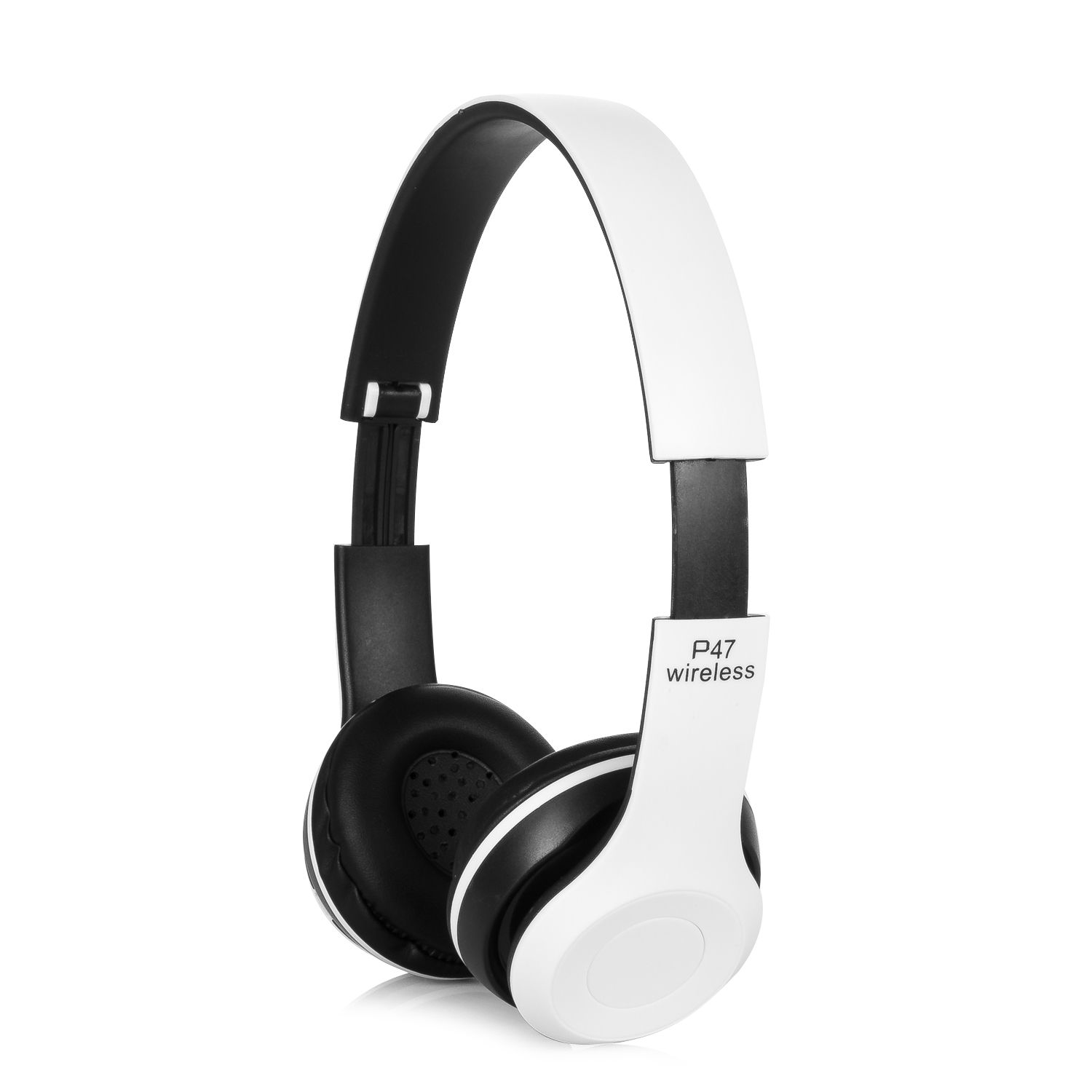 Cuffie wireless P47 bianche e nere. Il marchio è sull'auricolare destro.