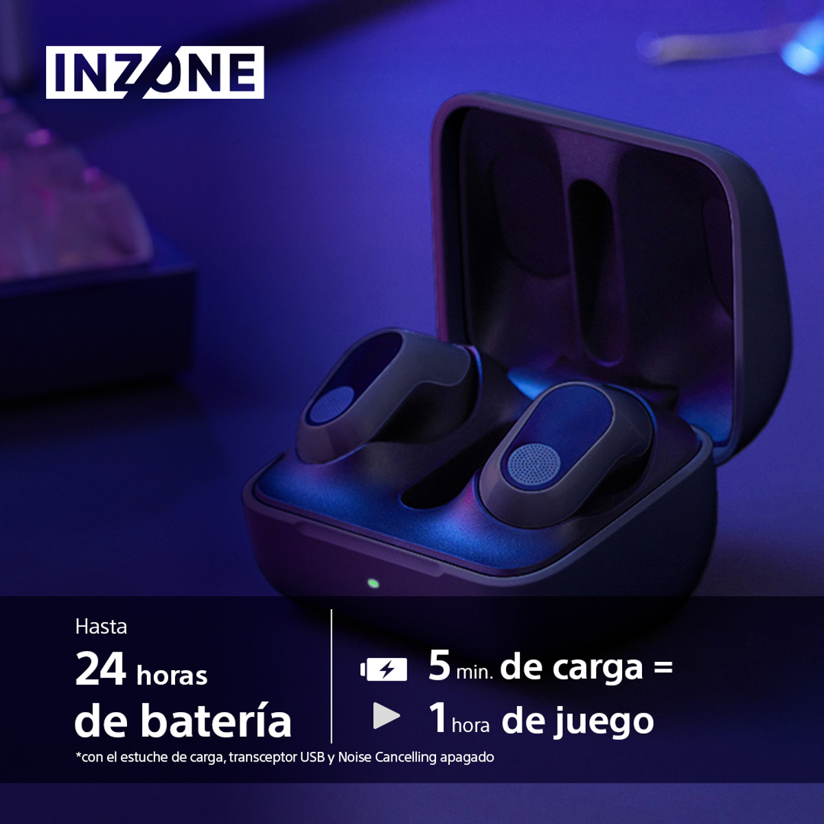 In-ear headphones in a charging case. Text: 24 hours battery, 5 min charge = 1 hour play.