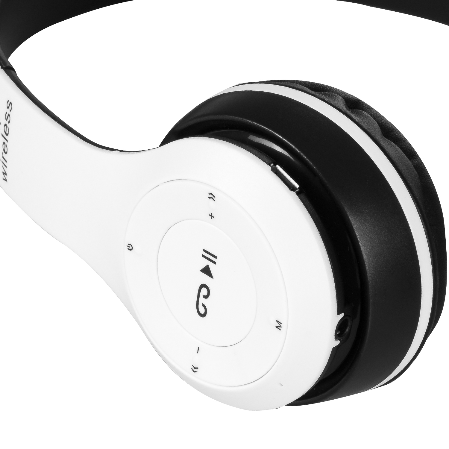 Cuffie bianche e nere con pulsanti di controllo su sfondo bianco.