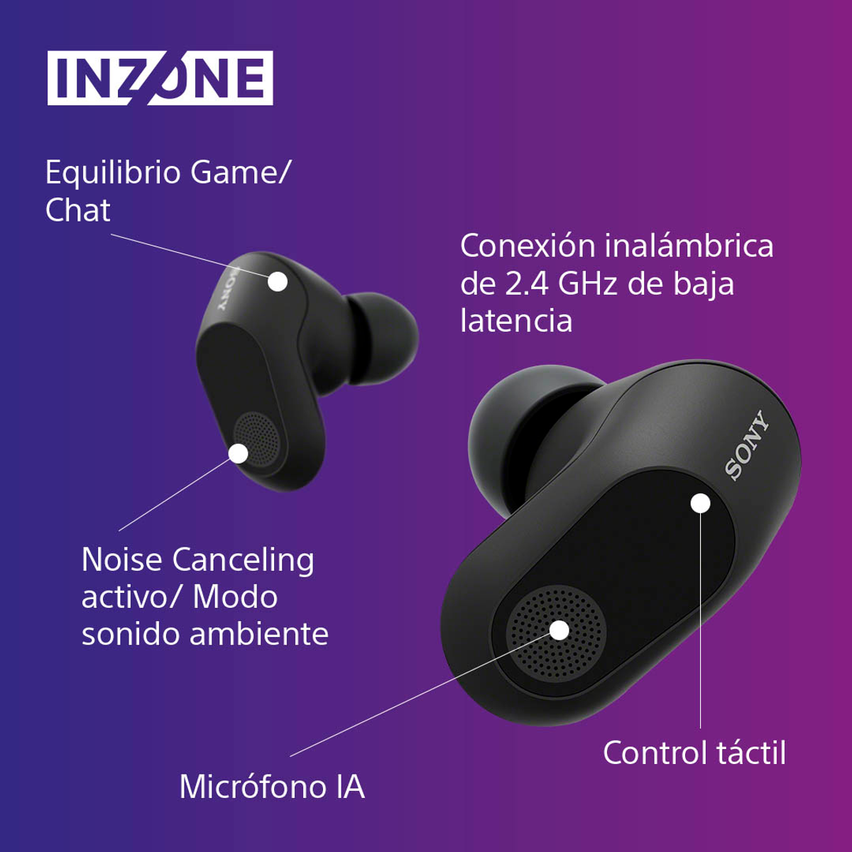 Two black earbuds with labels, on a purple and dark background.