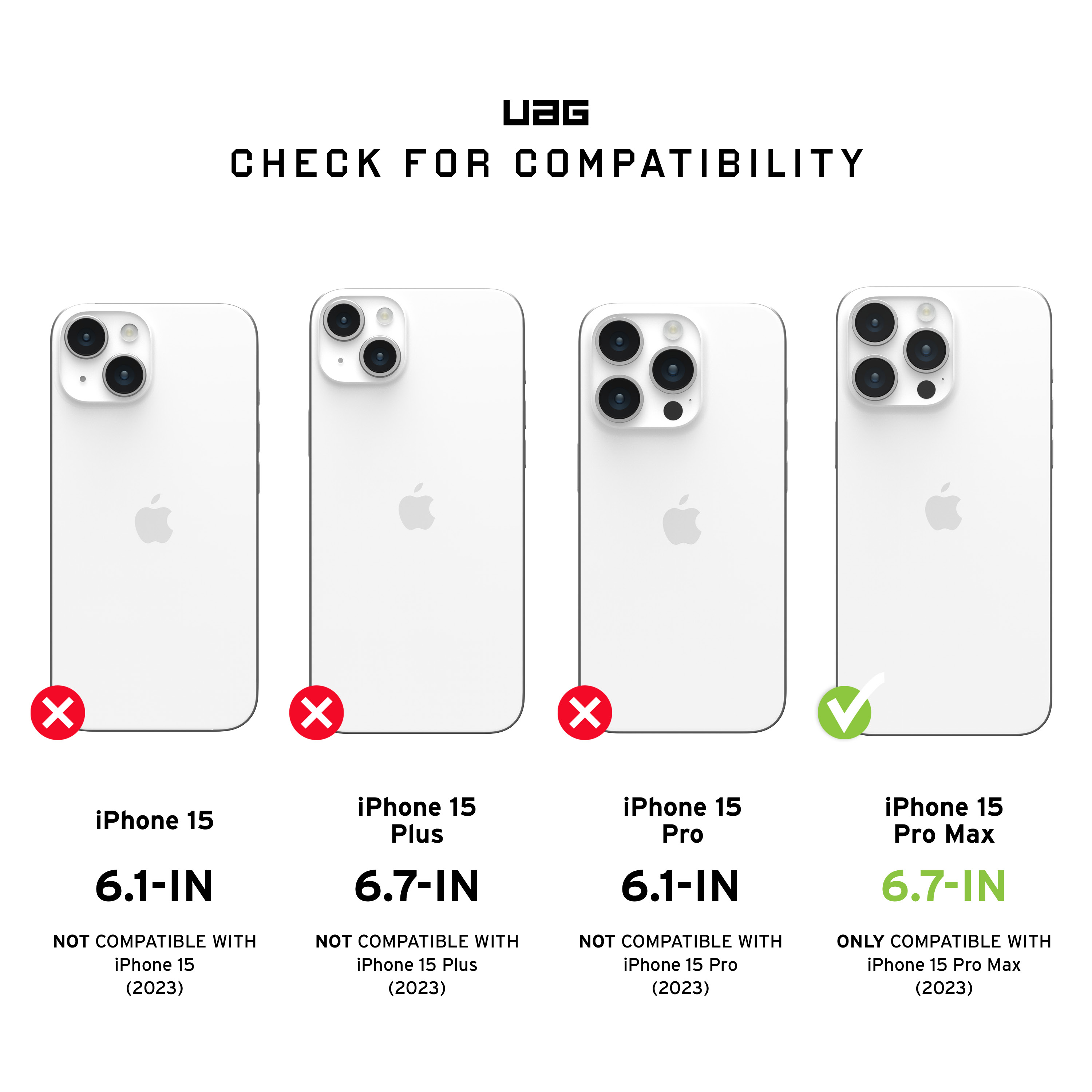 Vier iPhone-Rückseiten mit verschiedenen Kompatibilitätskennzeichnungen für iPhone 15 Modelle.