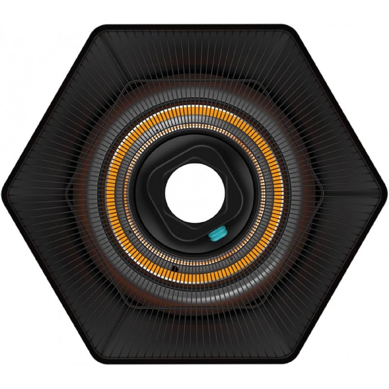 Czarny obiekt w kształcie sześciokąta z pomarańczowymi i czarnymi detalami.