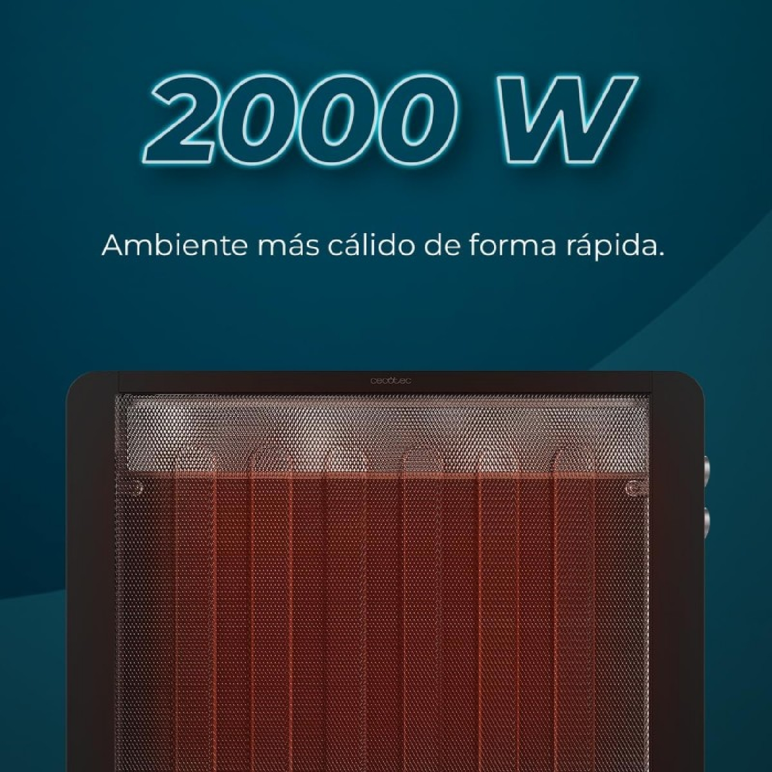 Un termoventilatore elettrico nero con un elemento riscaldante rosso e il testo 2000 W.