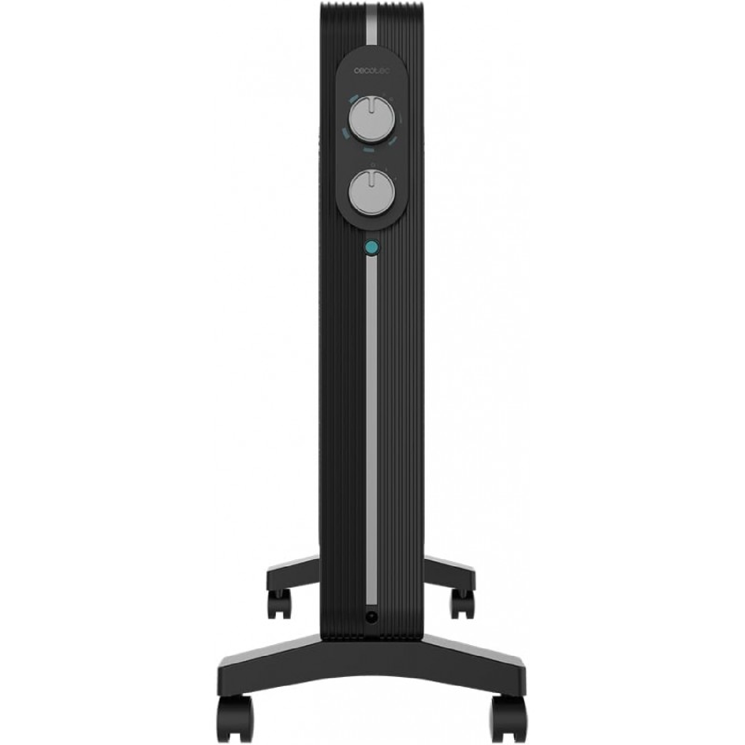 Riscaldatore elettrico nero verticale con due manopole e display, su base nera con ruote.