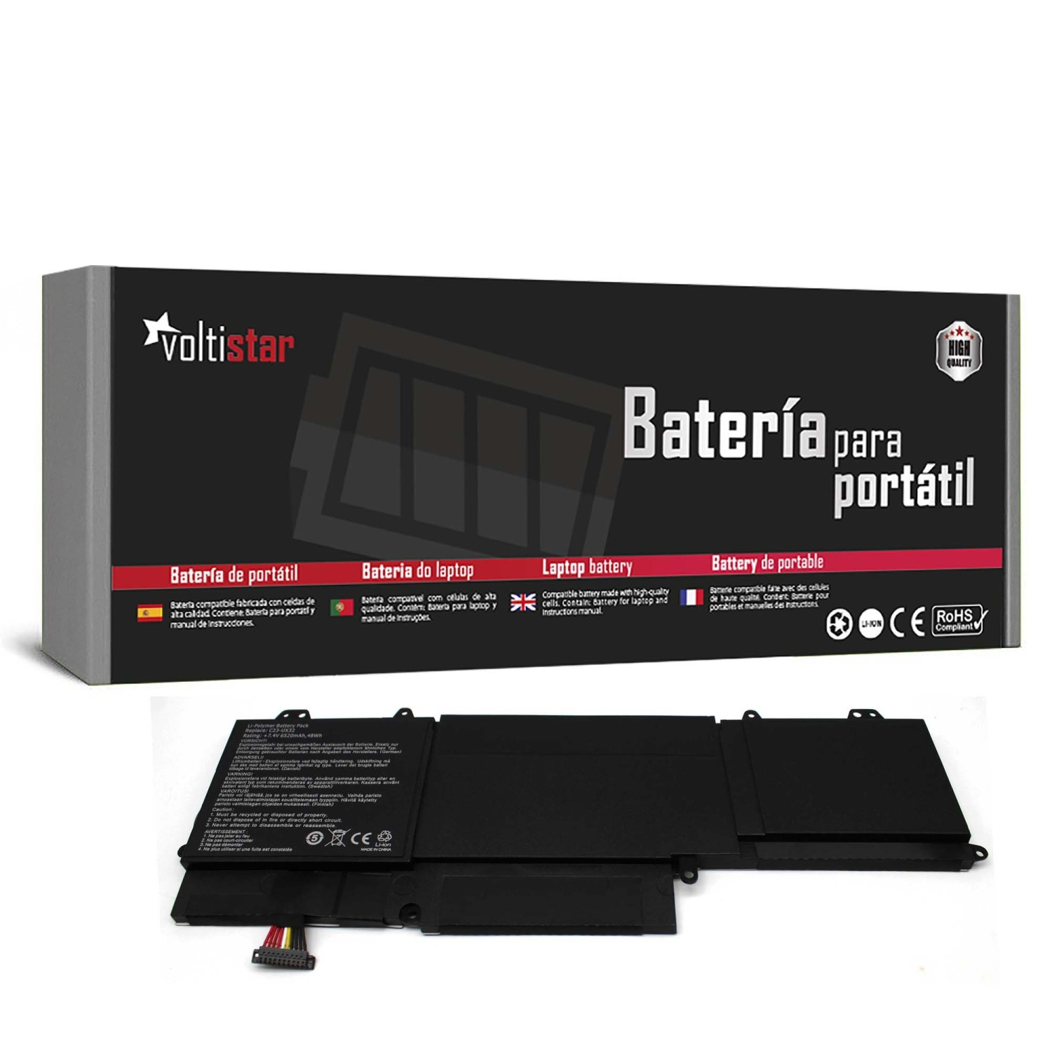 Batería de portátil, negra con conectores, frente a la caja con texto multilingüe.