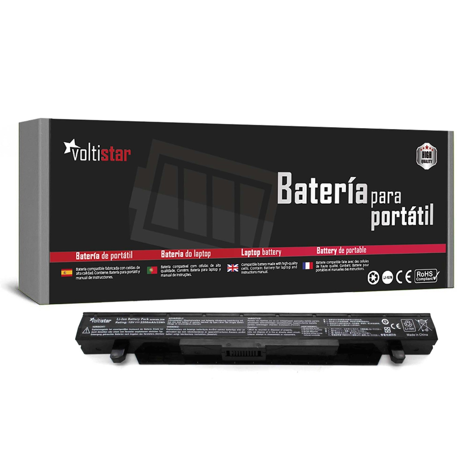 Batería de portátil en caja, fondo blanco.