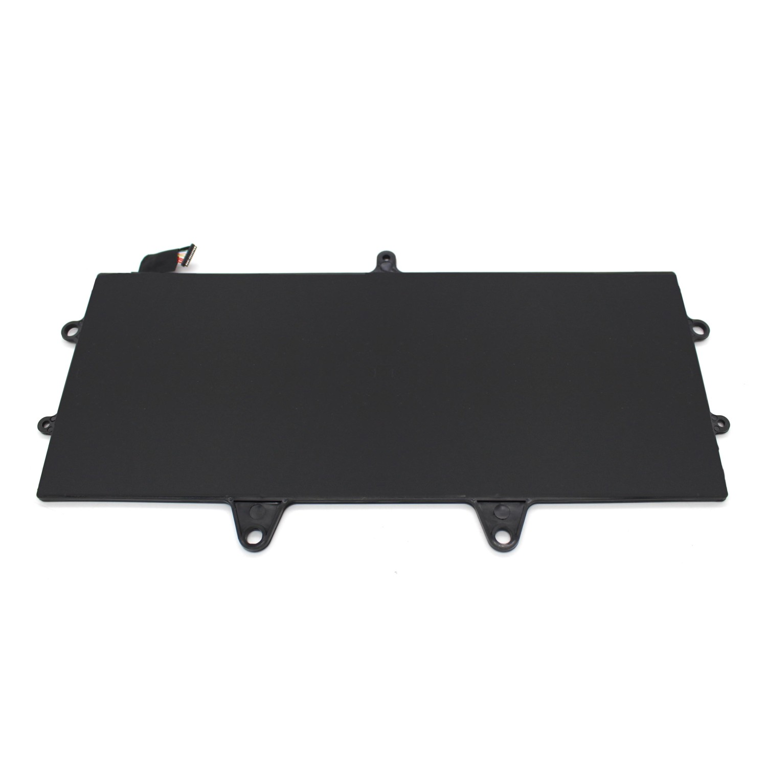 Batería de portátil negra, rectangular, con pequeños agujeros en los lados, sobre fondo blanco.