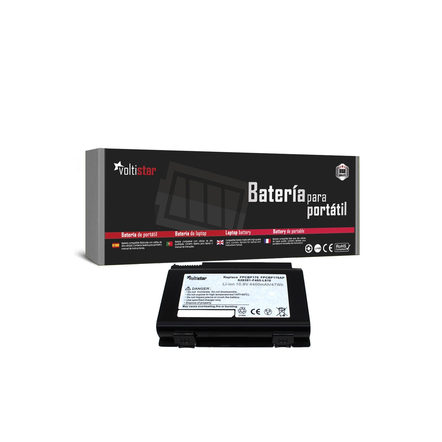 Batería y caja de portátil, batería negra, caja blanca con texto, en blanco.