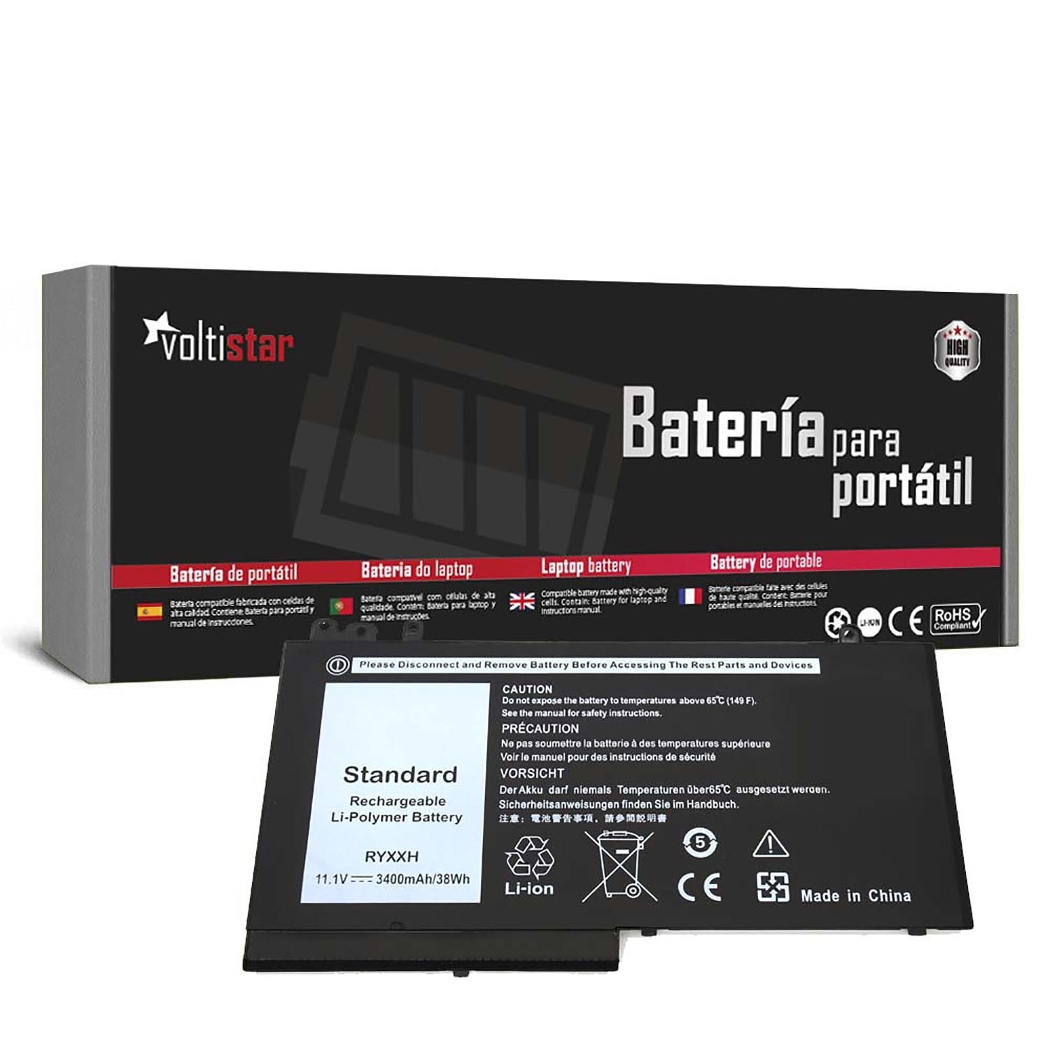 Una batería para portátil en una caja. La batería es negra con texto y una advertencia.