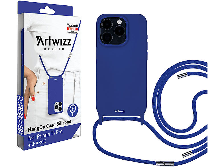 ARTWIZZ HangOn Case Silicone +CHARGE, Umhängetasche, Apple, iPhone 15 Pro, Blau