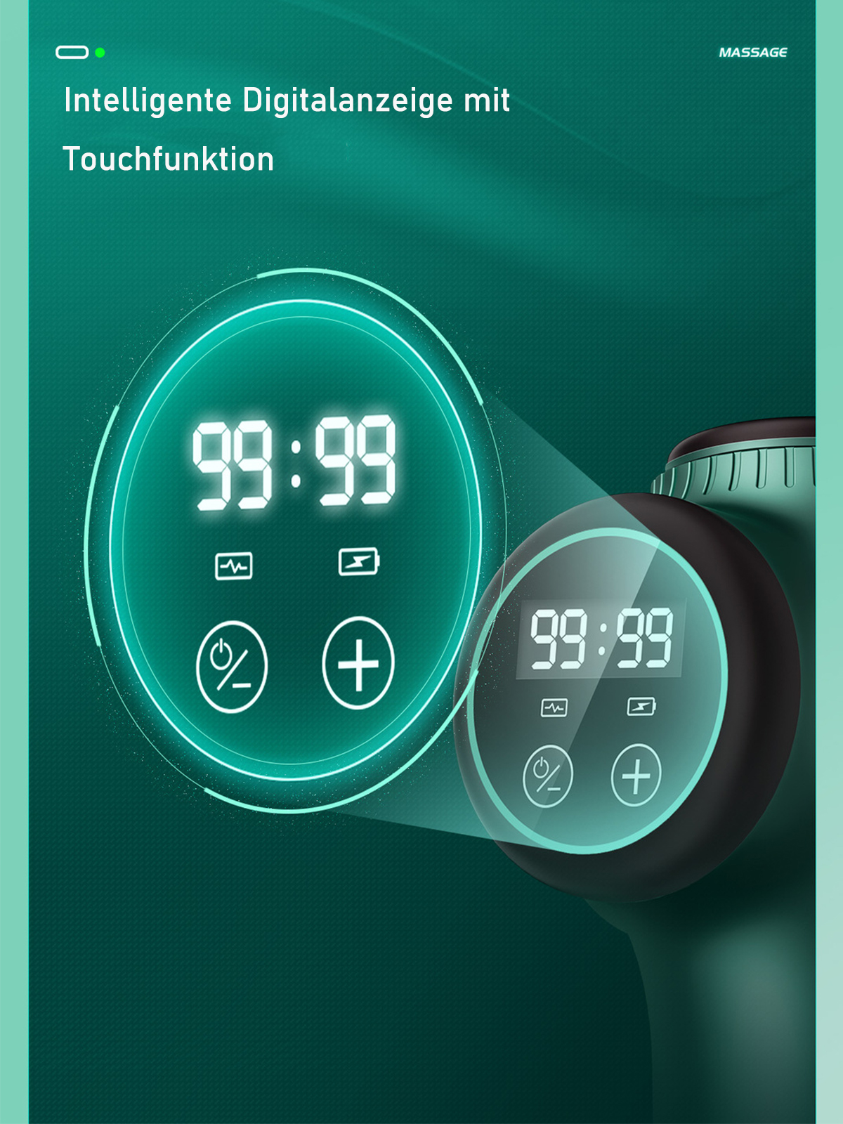 Nahaufnahme einer Massagepistole mit digitaler Anzeige, die Zeit und Bedienelemente zeigt.