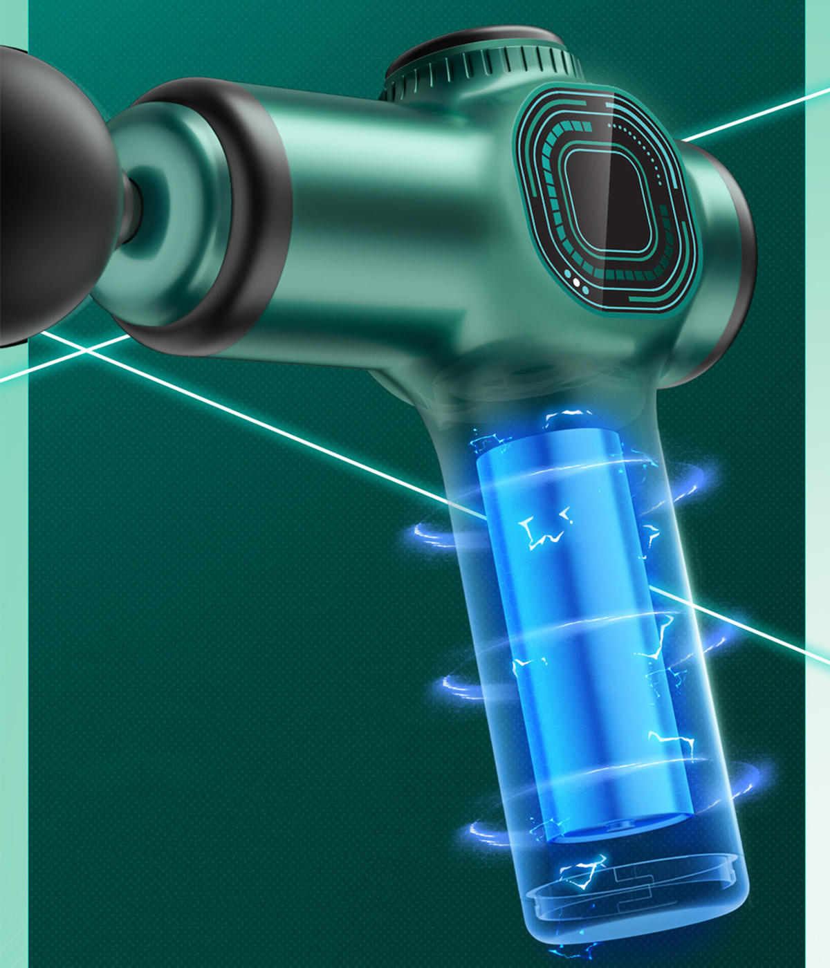 Eine grüne Massagepistole mit blauem Akku. Das Bild zeigt den Akku und das Design der Pistole.