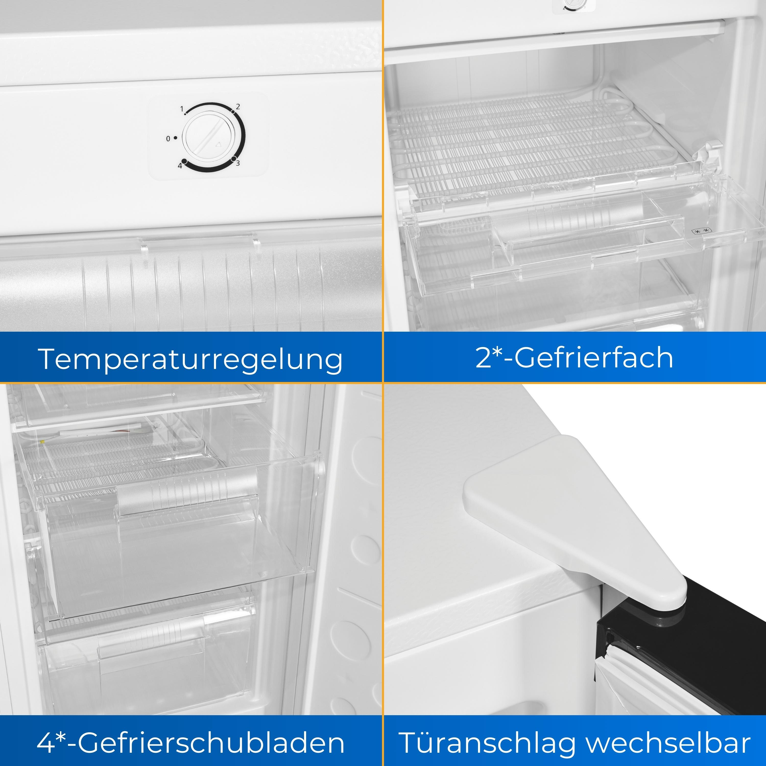 Nahaufnahme des Kühlschrankinnenraums. Zeigt Temperaturregelung, Gefrierfächer und Türfunktionen.