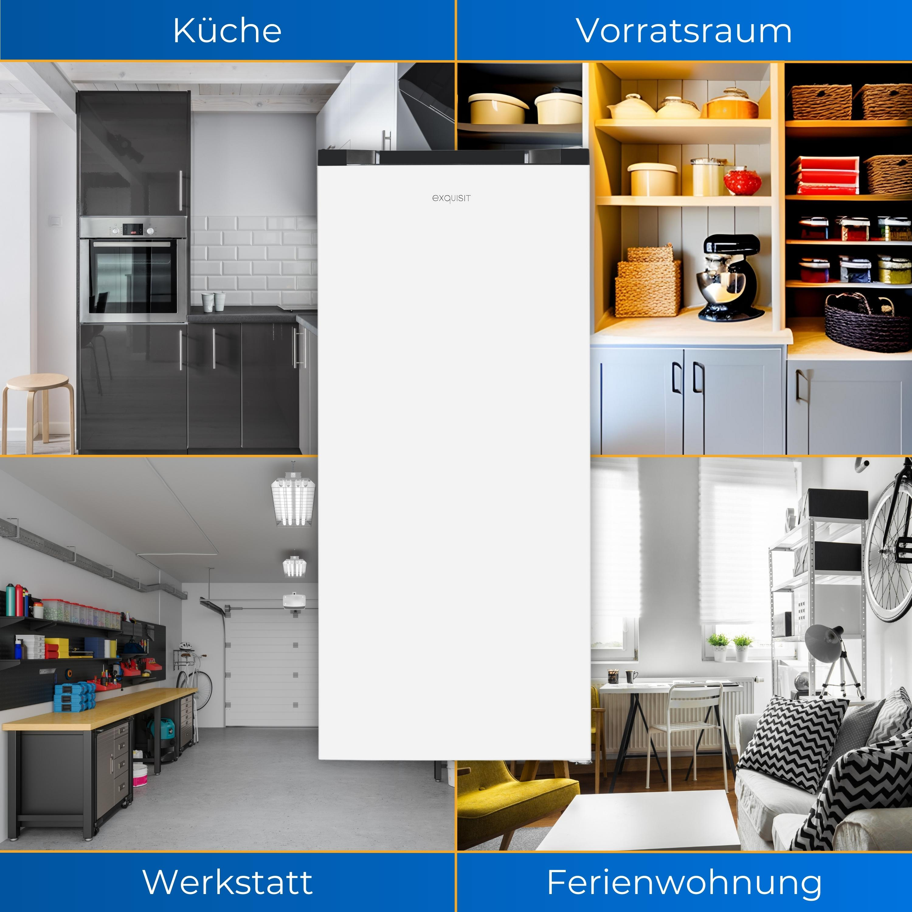 Vier Bilder von Räumen: Küche, Speisekammer, Werkstatt und Ferienhaus, jeweils mit einem weißen Kühlschrank.