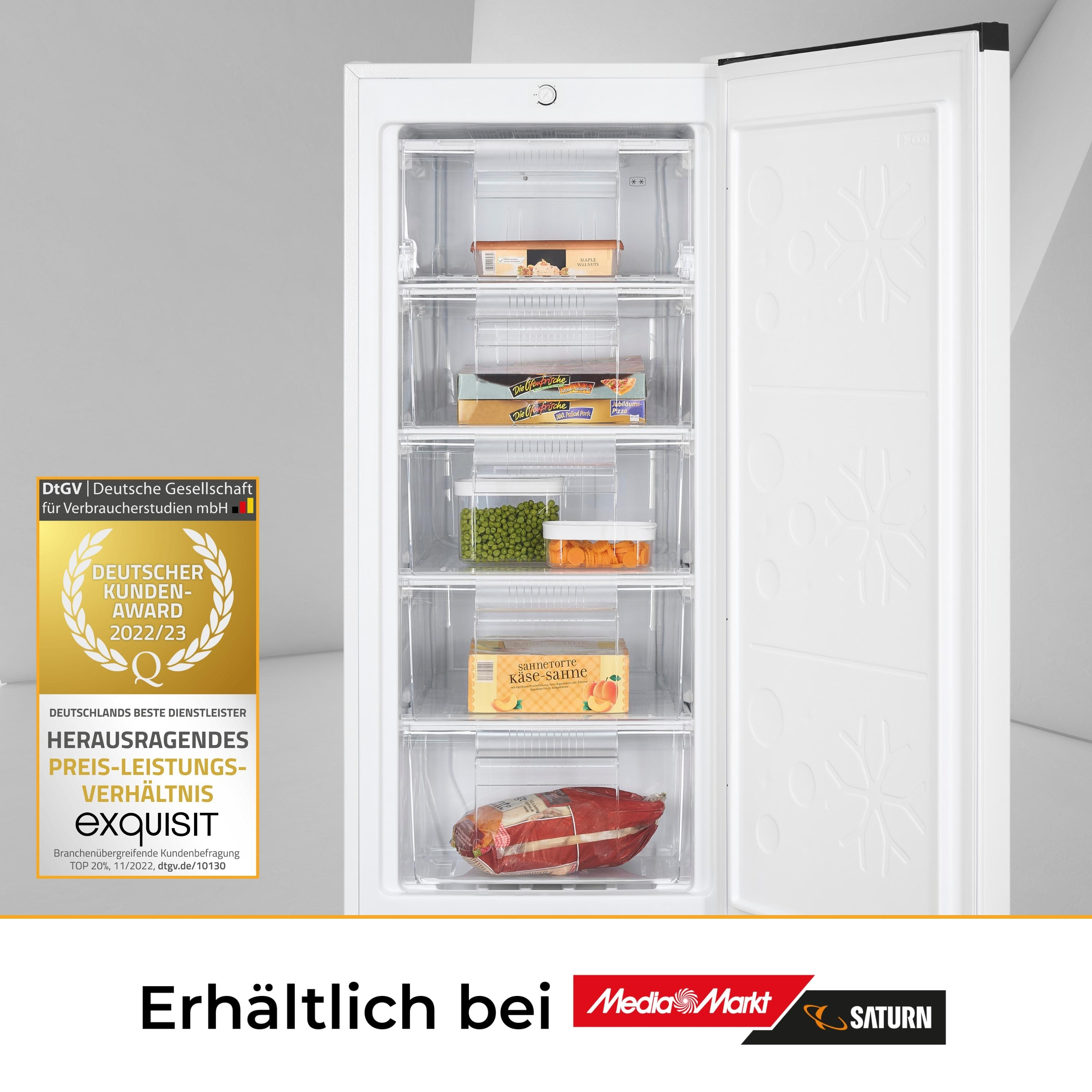 Weißer Gefrierschrank offen, Schubladen mit Essen, Auszeichnung links, Text Media Markt & Saturn.