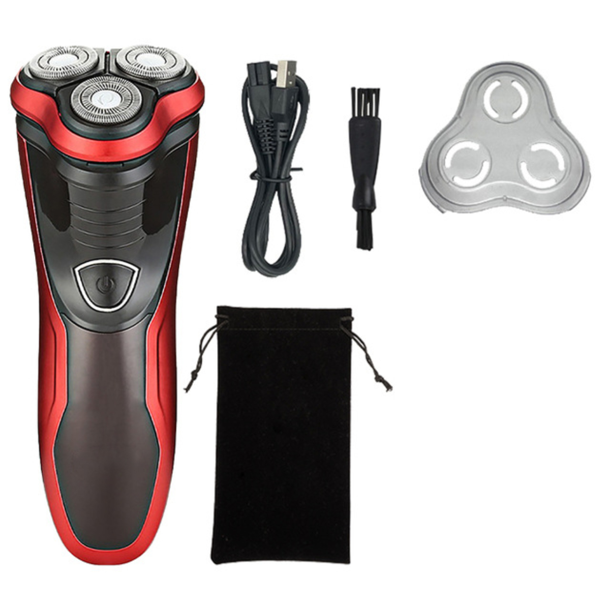 Ein rot-schwarzer Elektrorasierer mit Ladekabel, Bürste und Ersatzkopf.