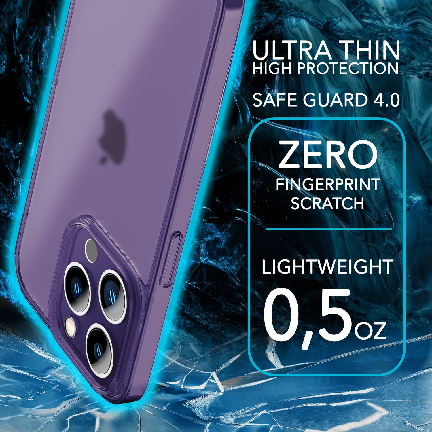 Funda de teléfono púrpura con parte trasera transparente, muestra las lentes.