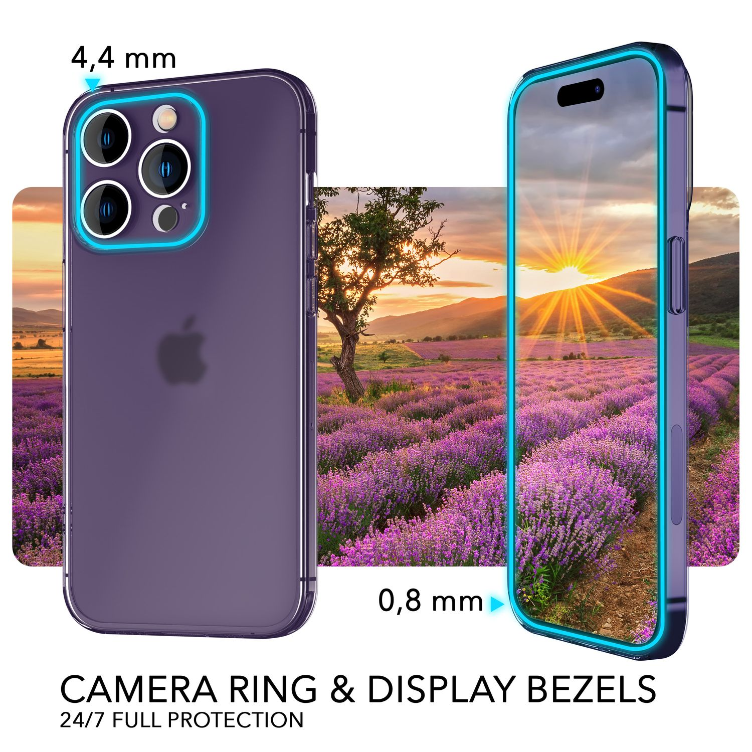 Funda morada para teléfono con anillo de cámara y biseles de pantalla. Imagen: puesta de sol y lavanda.