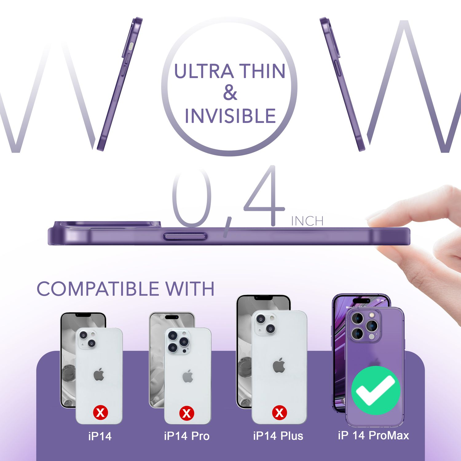 Funda morada para teléfono junto a teléfonos. Texto: Ultra delgada e invisible. Compatible con iP 14 ProMax.
