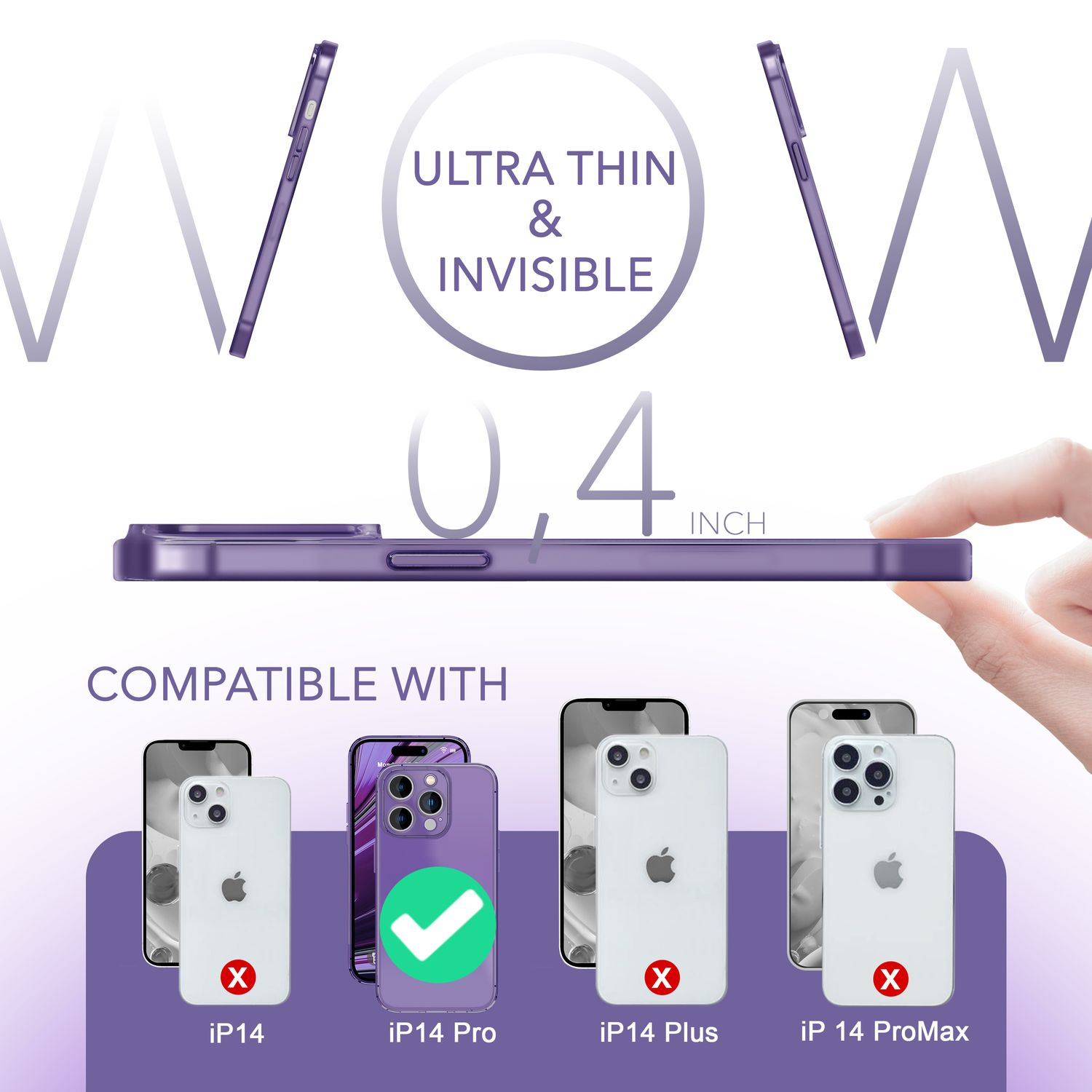 Funda de teléfono morada mostrada. La funda es delgada y se ajusta al iPhone 14 Pro.