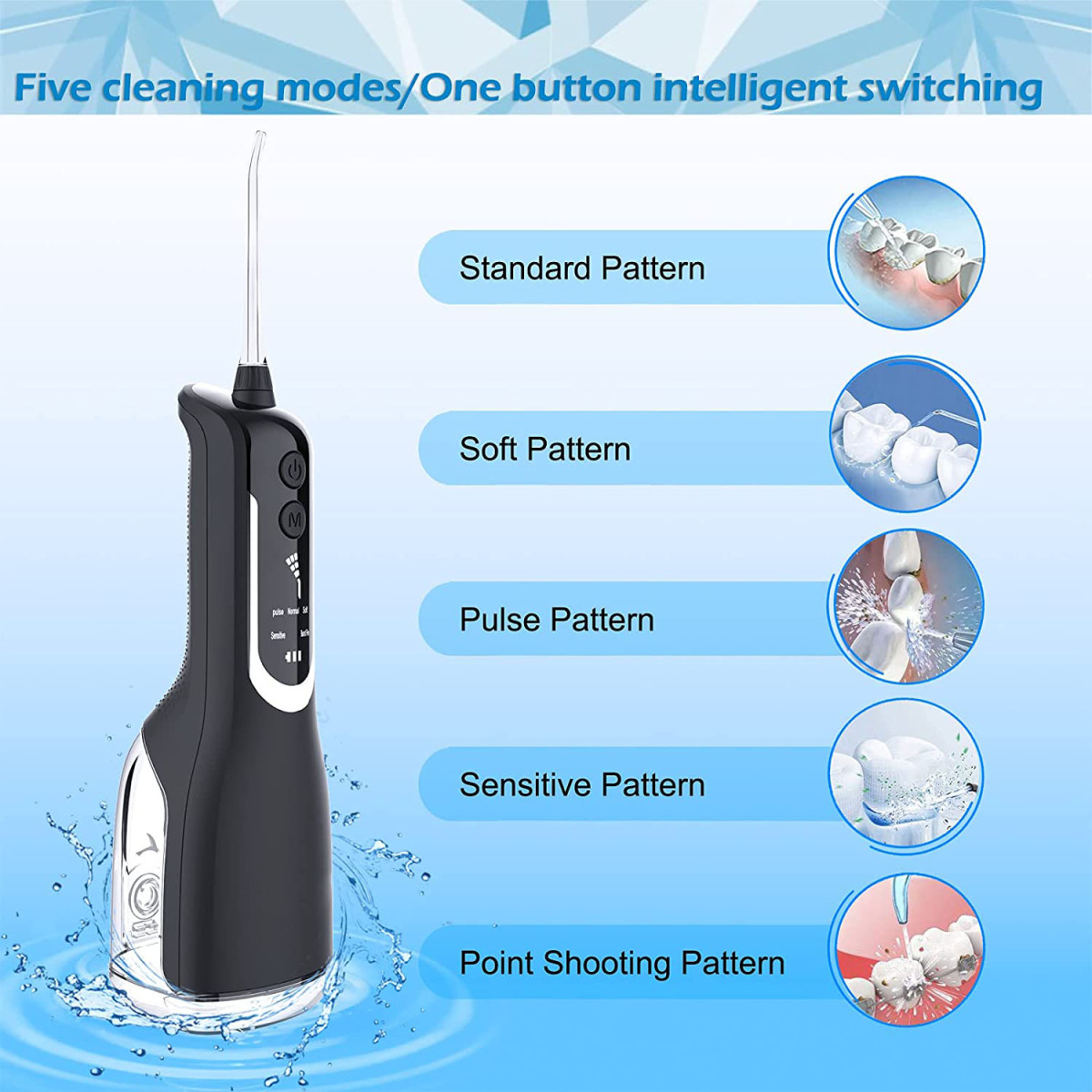 Ein schwarzer Wasserflosser mit fünf Reinigungsmodus-Illustrationen.