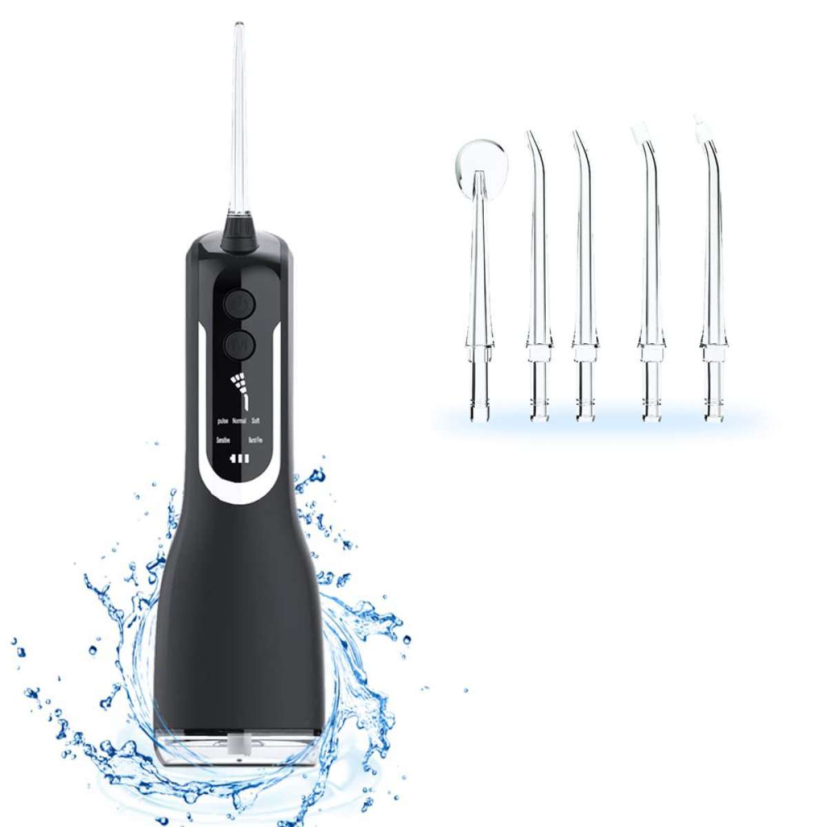 Schwarzer Wasser-Flosser mit mehreren Spitzen. Auf weißem Hintergrund mit Wasserspritzern.