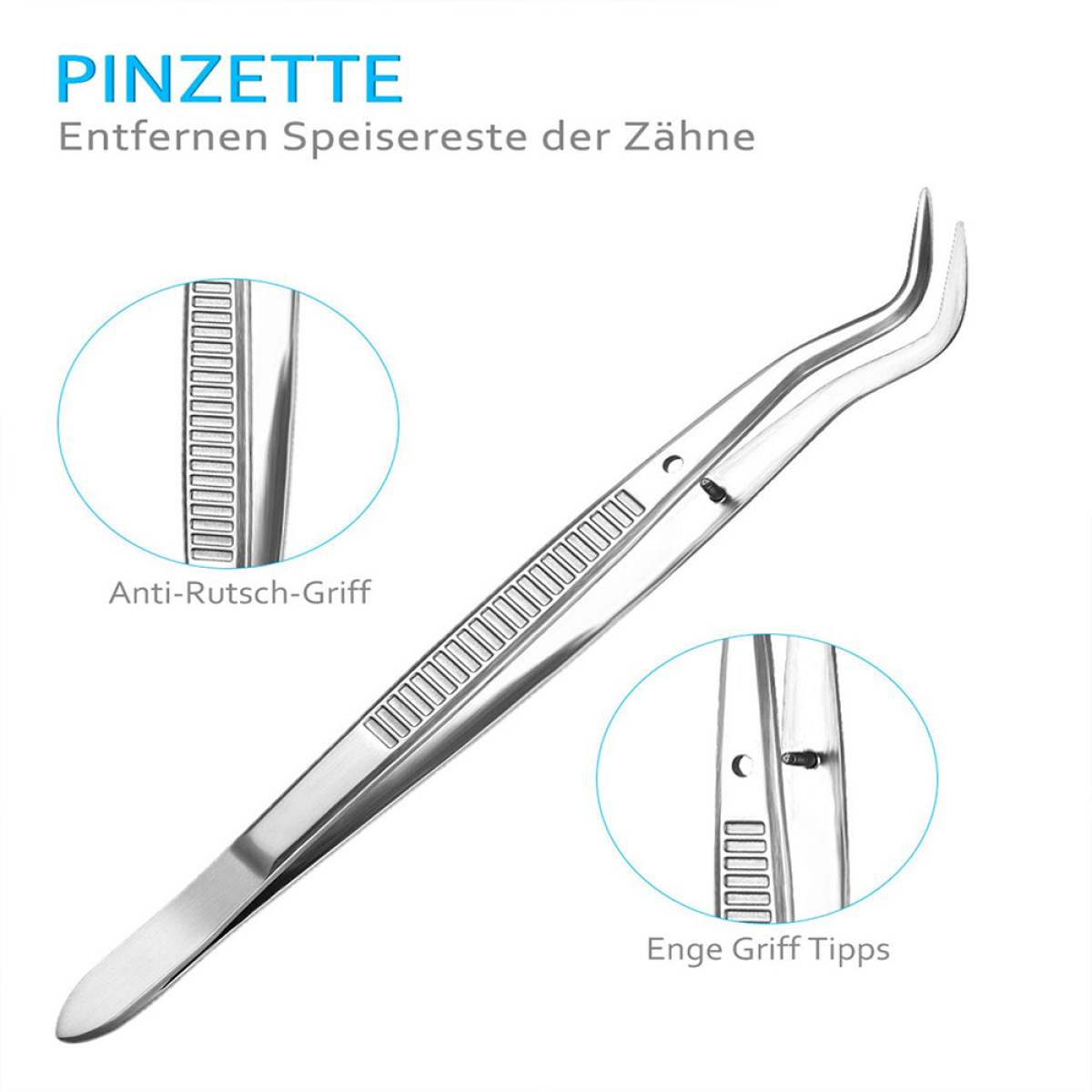 Silberne Dentalpinzette mit Detailaufnahmen von Griff und Spitze.