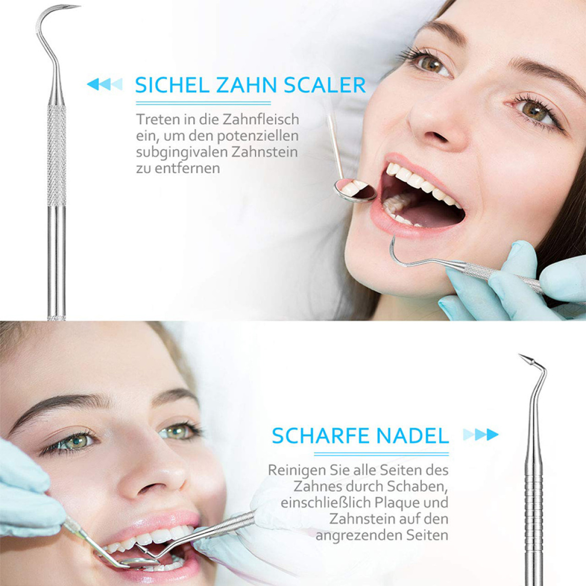 Zahnärztliche Instrumente: ein Zahnsteinentferner und eine scharfe Nadel. Nahaufnahme eines Mundes.