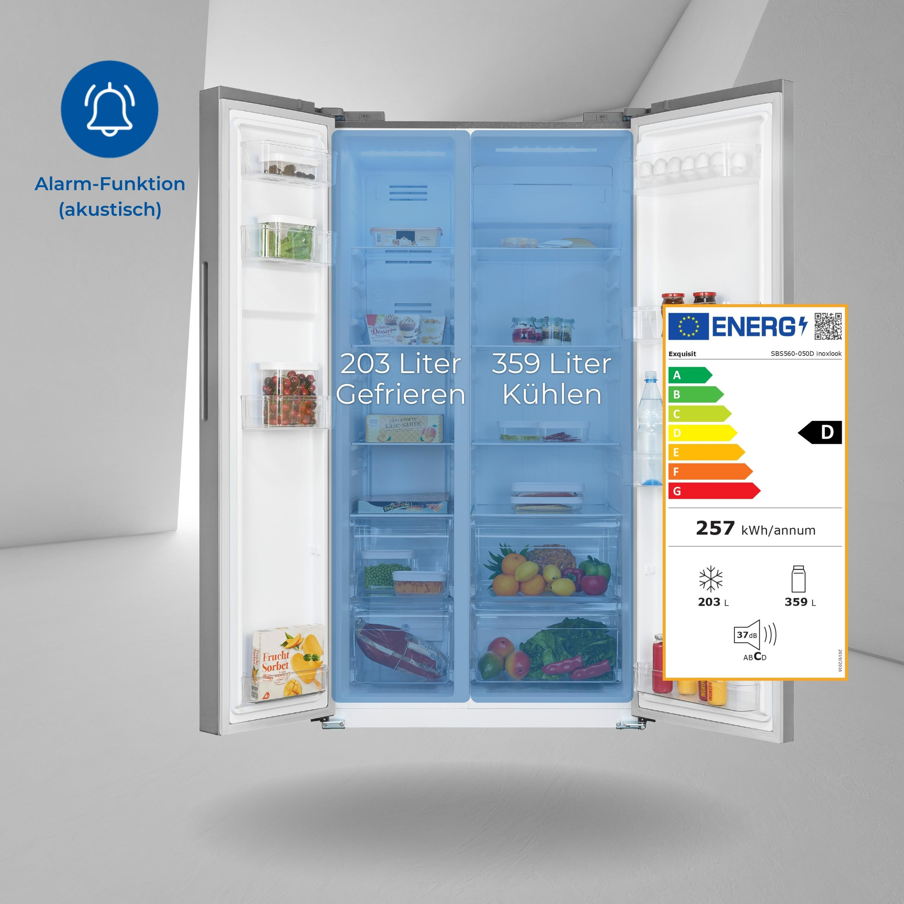 Offener Kühlschrank mit Essen und Energielabel. Zeigt 203L gefroren und 359L Kühlung.