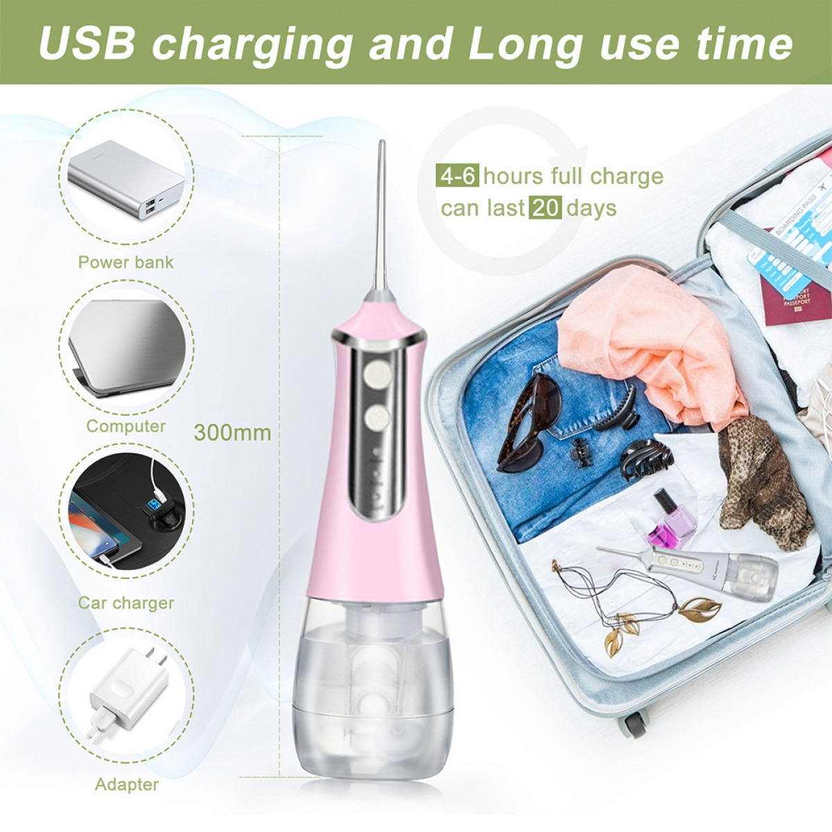 Rosa Wasserflosser, Powerbank, Computer, Autoladegerät und Adapter. Koffer im Hintergrund.