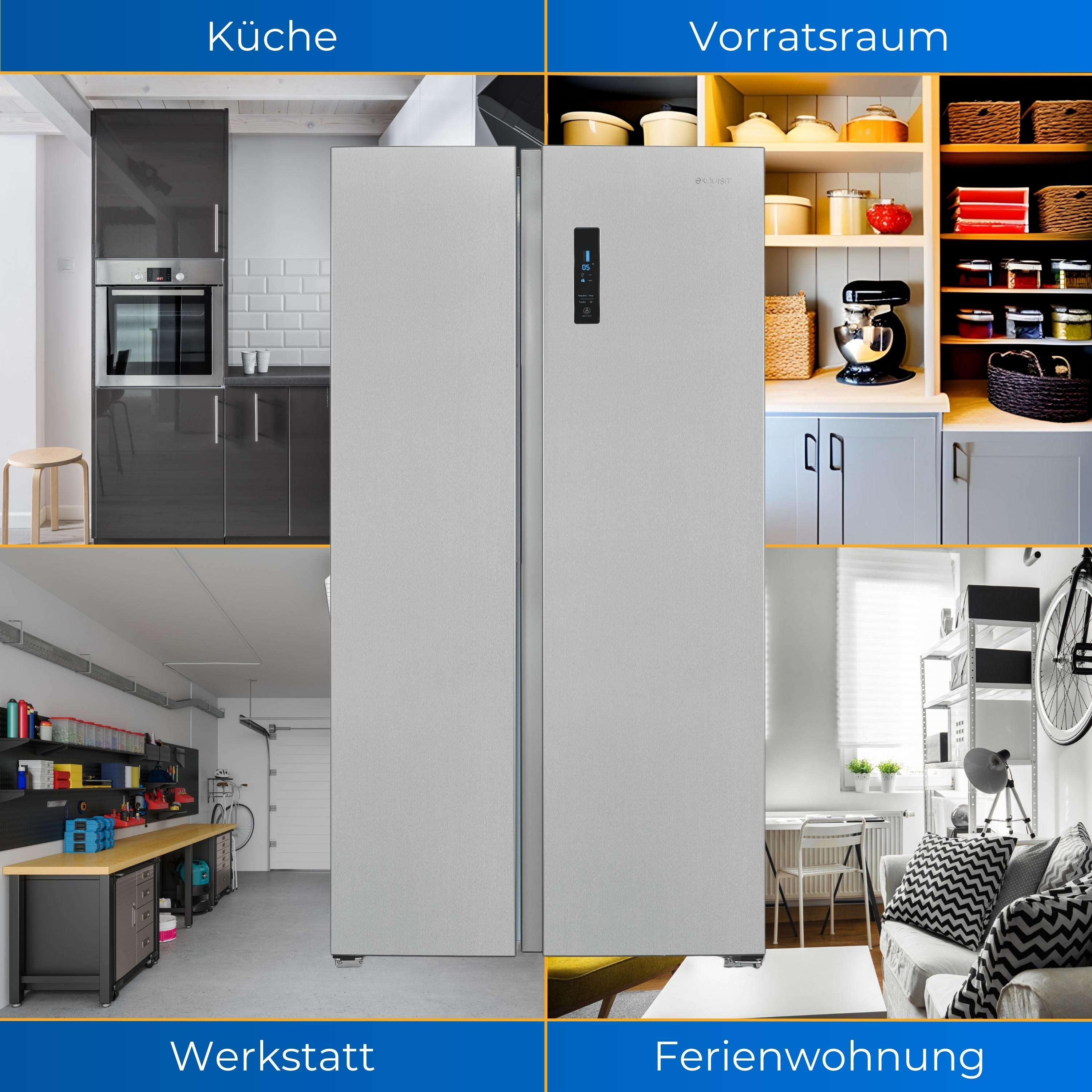 Ein geteiltes Bild: Küche, Vorratsraum, Werkstatt und Ferienwohnung, jeweils mit Kühlschrank.