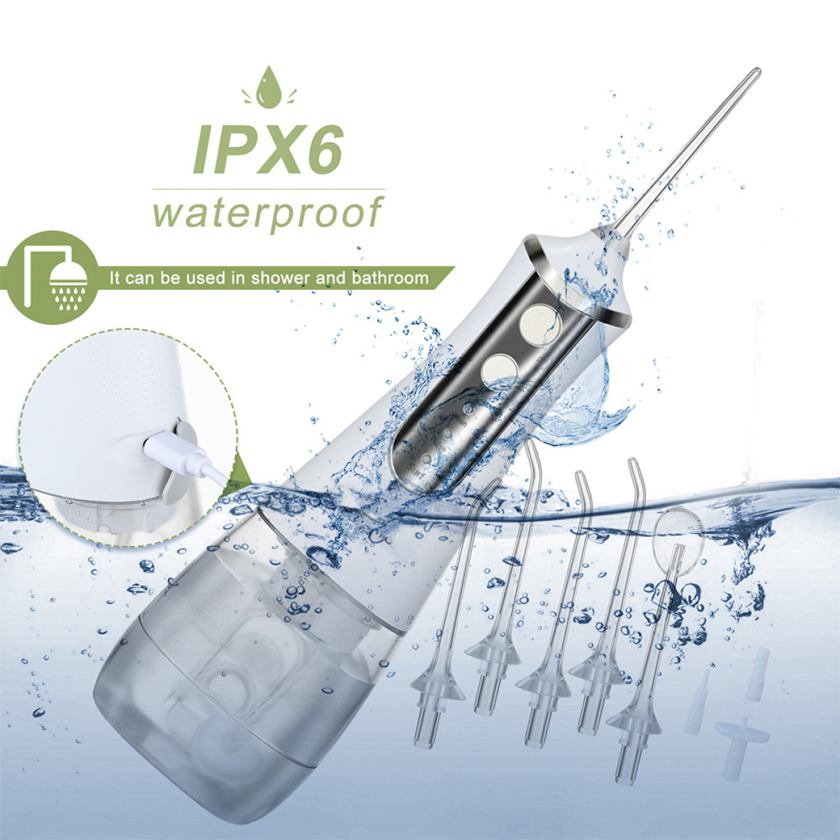 Weißer und silberner Wasserflosser mit mehreren Spitzen. Wasser fließt um ihn herum, mit dem Text 'IPX6 wasserdicht'.