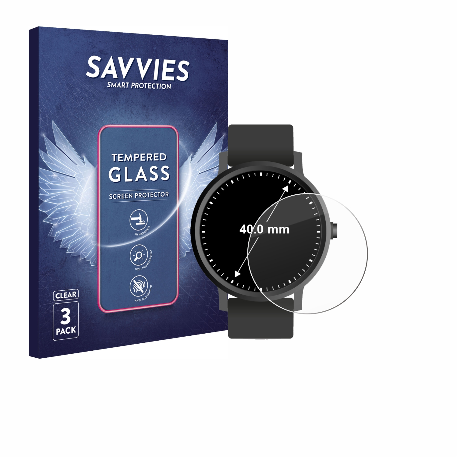 klares 40 (ø: mm)) Schutzglas(für Displays 3x 9H Kreisrunde SAVVIES Universal