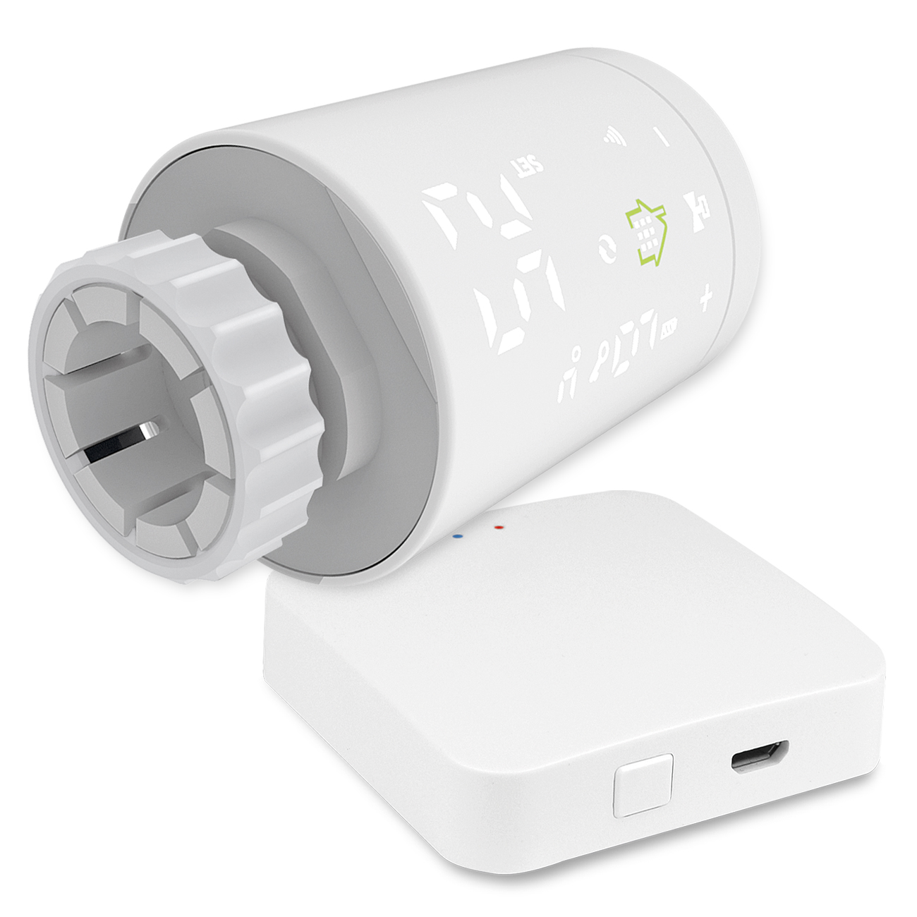 Weißes Smart-Thermostat mit Display und separatem weißen Empfänger.