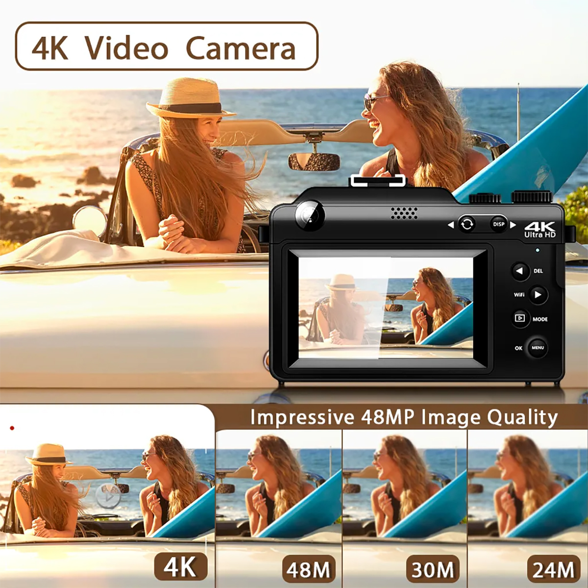 Schwarze Videokamera, die Bilder von Menschen am Strand anzeigt, mit mehreren Bildschirmoptionen.